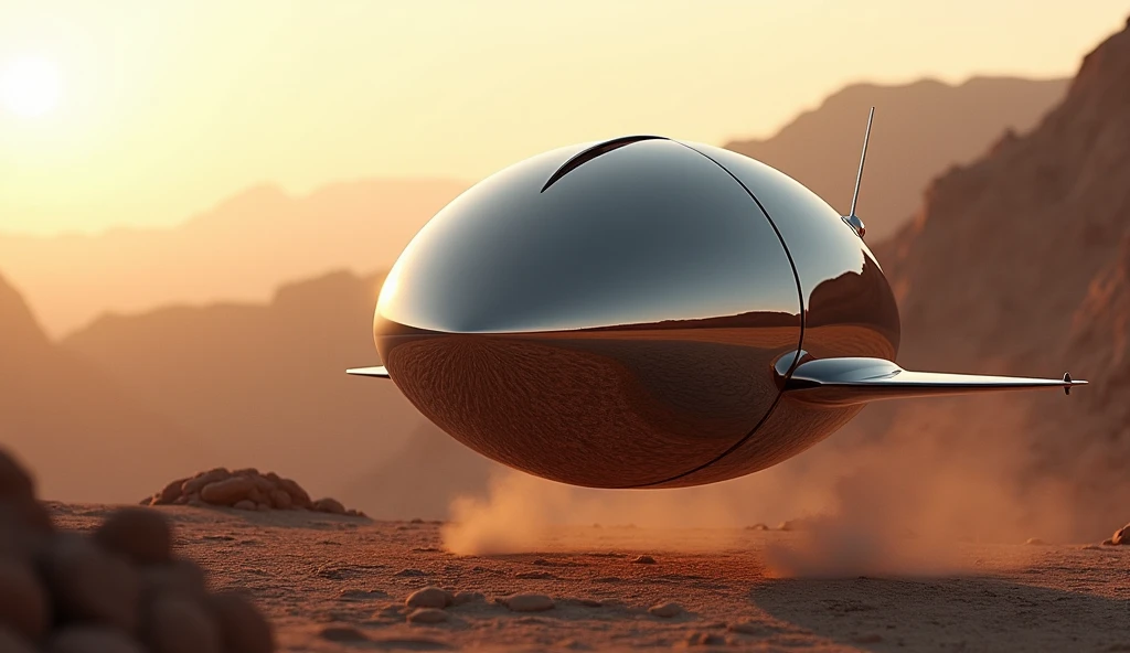 Gravity Defier: A futuristic car designed as a perfect sphere with tiny, retractable wings. The sphere hovers effortlessly above a rocky terrain, with the landscape reflected on its polished, mirror-like surface. The car’s design defies conventional expectations, appearing almost alien in its simplicity and functionality. [Hyperrealistic digital art, inspired by minimalistic design and futuristic tech], [Desert landscape at sunset, smooth lighting, focus on the car’s spherical form, sharp focus].