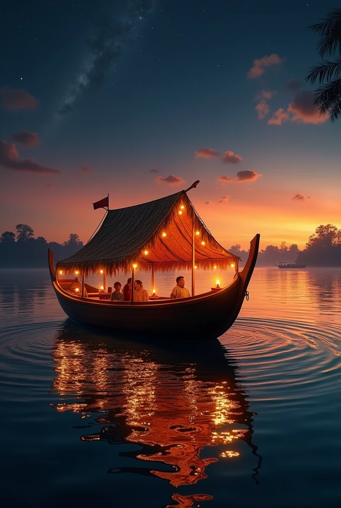 Small shikara
 with fairy lights and candle, lamps.sunset with red orange yellow blue black colour down to top these colours, stars , shimmering water,no human,add roof on boat ,remove mountain and sun



