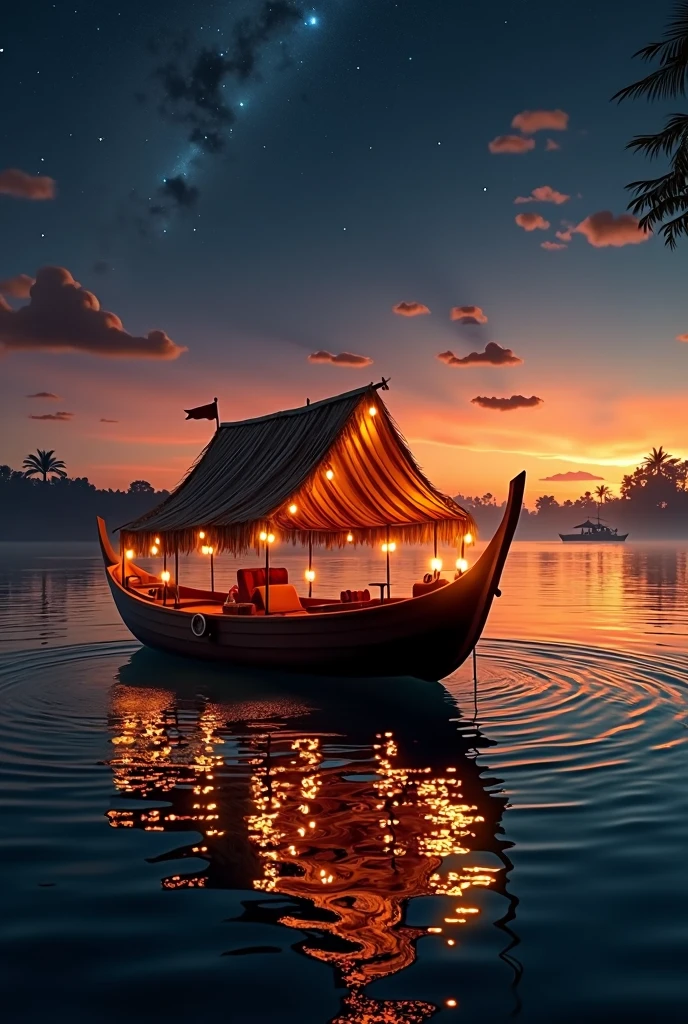 Small shikara
with fairy lights and candle, lamps.sunset with red orange yellow blue black colour down to top these colours, stars , shimmering water,no human,add roof on boat ,remove mountain and sun