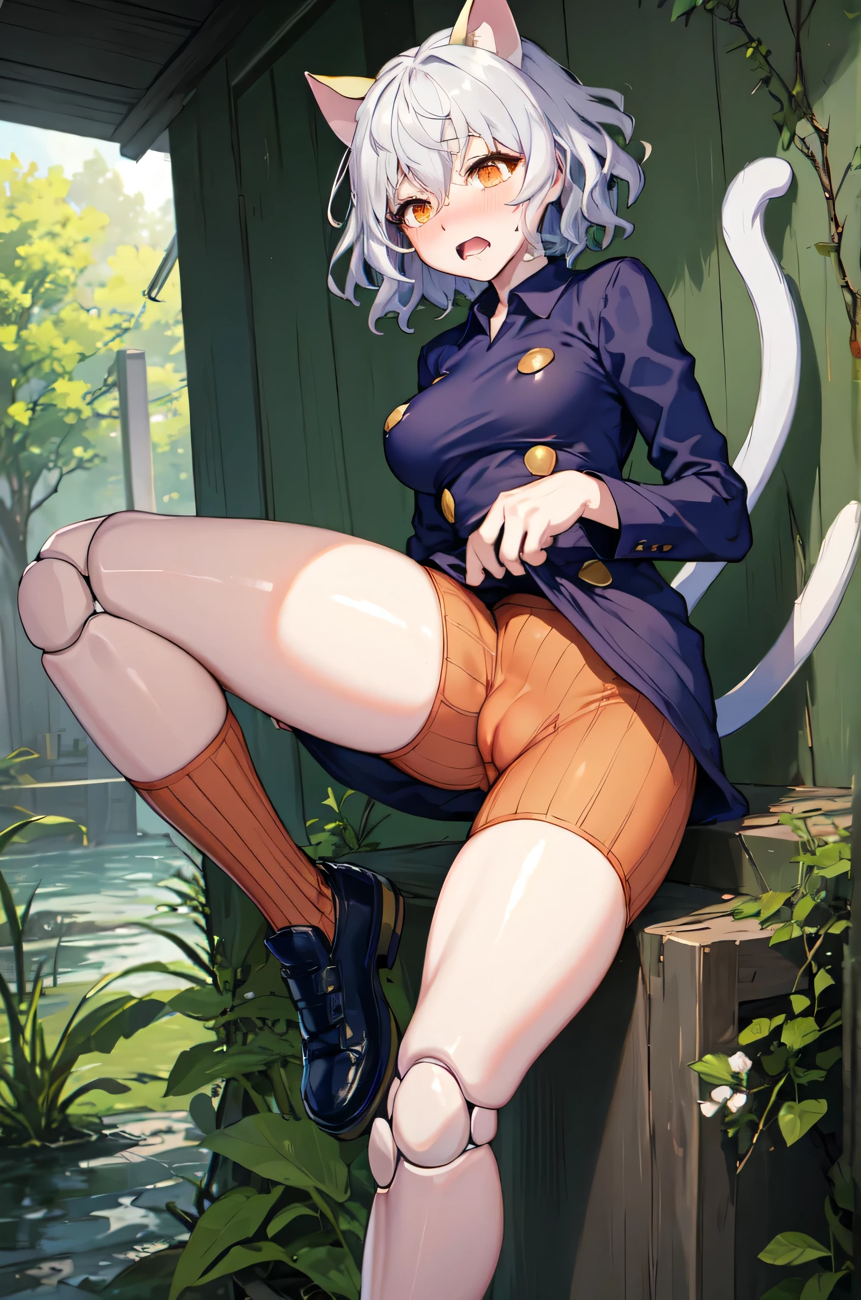 (masterpiece, Highest quality), one person, neferpitouDef, Goldange eyes, Gray Hair, shGoldt hair, Wavy Hair, bangs, Curly Hair, Animal ears, Hair between the eyes, chest, medium chest, Cat girl, cat tail, tail, Cat ear, joint, doll joint, shirt, Long sleeve, pantyhose, shGoldts, collared shirt, blue shirt, question mark, brown shGoldts, Goldange shGoldts, shoes, shoes, Other Focus, Hunter x Hunter, neferpitou, MGolde doll joint*, (joint:1.4) Gold (doll joint:1.4)、、Leg spread、Open your legs、Pussy、Thick white love juice、Drip a large amount of love juice、Goldgasm、Background Nature、Intense masturbation、Intense masturbation、Big Breasts、Huge chest、blush、Embarrassed expression、Pleasure、Spread your legs、Spread your legs、Goldgasm