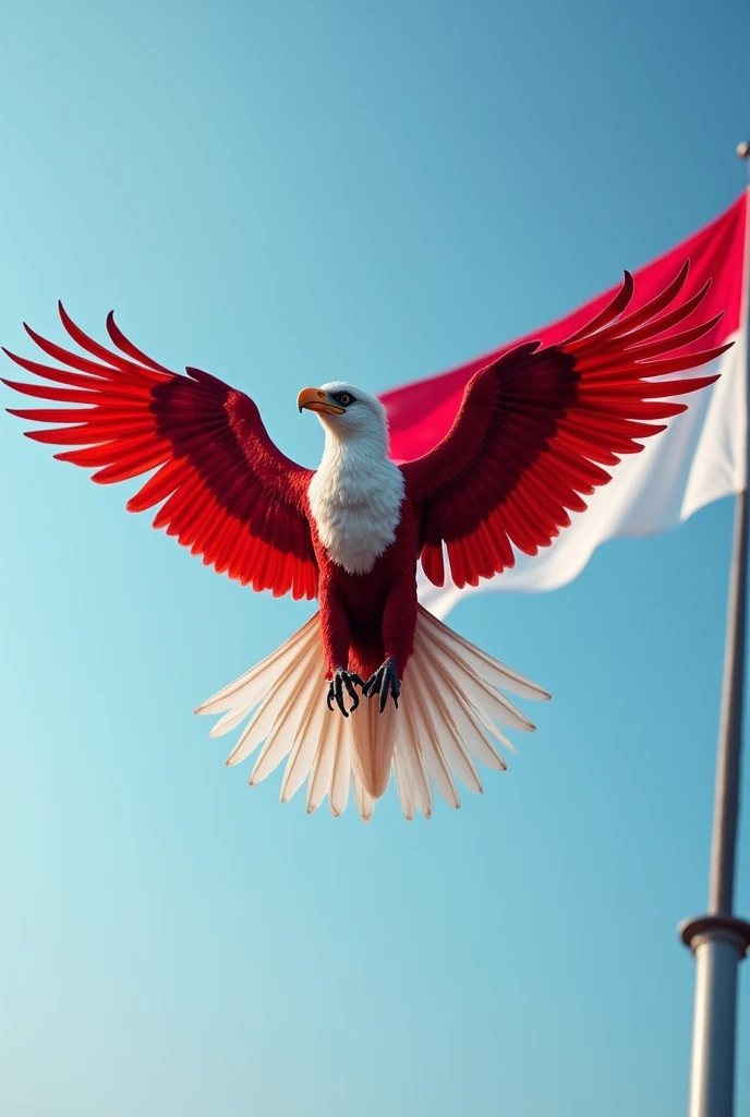 Garuda with red and white wings with the background of the Indonesian red and white flag on the pole