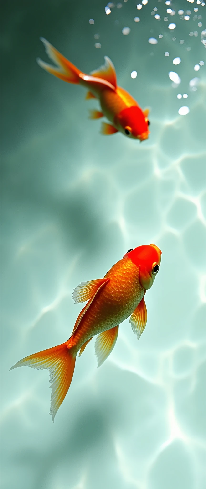 (masterpiece:1.2,Highest quality,Super detailed,Realistic,Ultra-high Resolution Camera),8k,wallpaper,(A pond with a white bottom photographed from above:2.0),(A clear depiction of an aquarium with the surface reflection removed:2.0),(Two beautiful goldfish are swimming),Cool looking photo