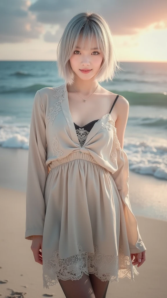 (8k, Photorealistic, Raw photo, Highest quality: 1.4),Japanese idol-style beautiful girl,1 person,18-year-old,(Short Bob),(Silver Hair :1.2),She has her hair tucked behind her ears,My hair is blowing in the strong wind,Clear grey eyes,Long eyelashes,(piercings(small)),(Lip gloss),lips(Plump,glossy),thin long neck,(camisole(Black)),(flare skirt(Layered lace,Black)),tights(Mesh),barefoot,(Sleeveless jacket((Lace embroidery),(Mesh))Layered),Holding pumps in both hands,On the beach at dusk,White sand beach,With the setting sun on the horizon as a backdrop,Date with boyfriend,Smiling at the camera,Knee-shot snap