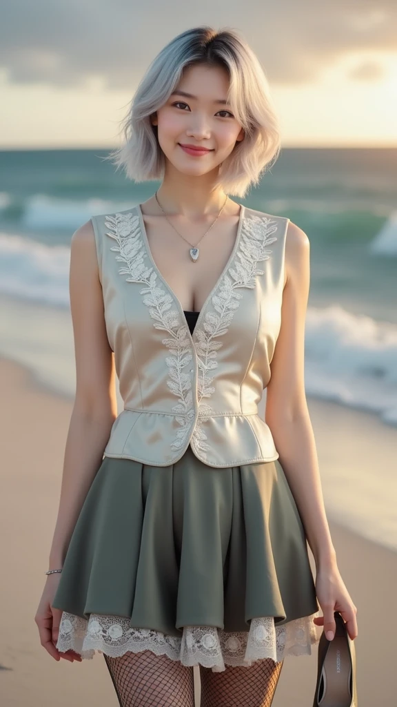 (8k, Photorealistic, Raw photo, Highest quality: 1.4),Japanese idol-style beautiful girl,1 person,18-year-old,(Short Bob),(Silver Hair :1.2),She has her hair tucked behind her ears,My hair is blowing in the strong wind,Clear grey eyes,Long eyelashes,(piercings(small)),(Lip gloss),lips(Plump,glossy),thin long neck,(camisole(Black)),(flare skirt(Layered lace,Black)),tights(Mesh),barefoot,(Sleeveless jacket((Lace embroidery),(Mesh))Layered),Holding pumps in both hands,On the beach at dusk,White sand beach,With the setting sun on the horizon as a backdrop,Date with boyfriend,Smiling at the camera,Knee-shot snap