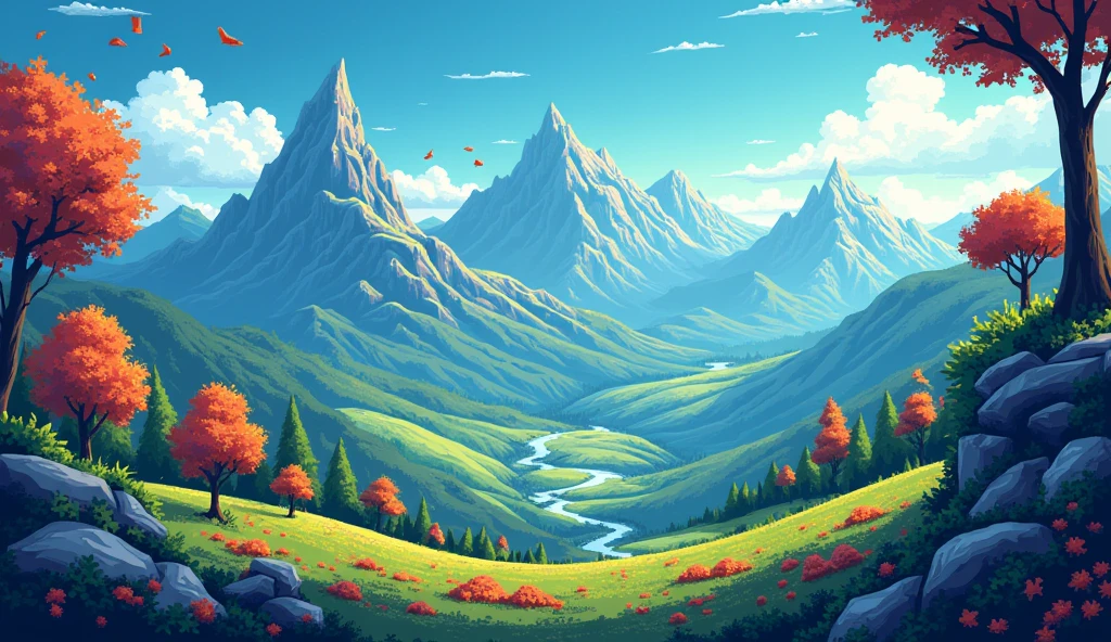 Create a background for the main menu of an educational RPG adventure game Include a landscape filled with data in various forms (such as numbers, binary code, graphs, network maps), pixel art, simple one