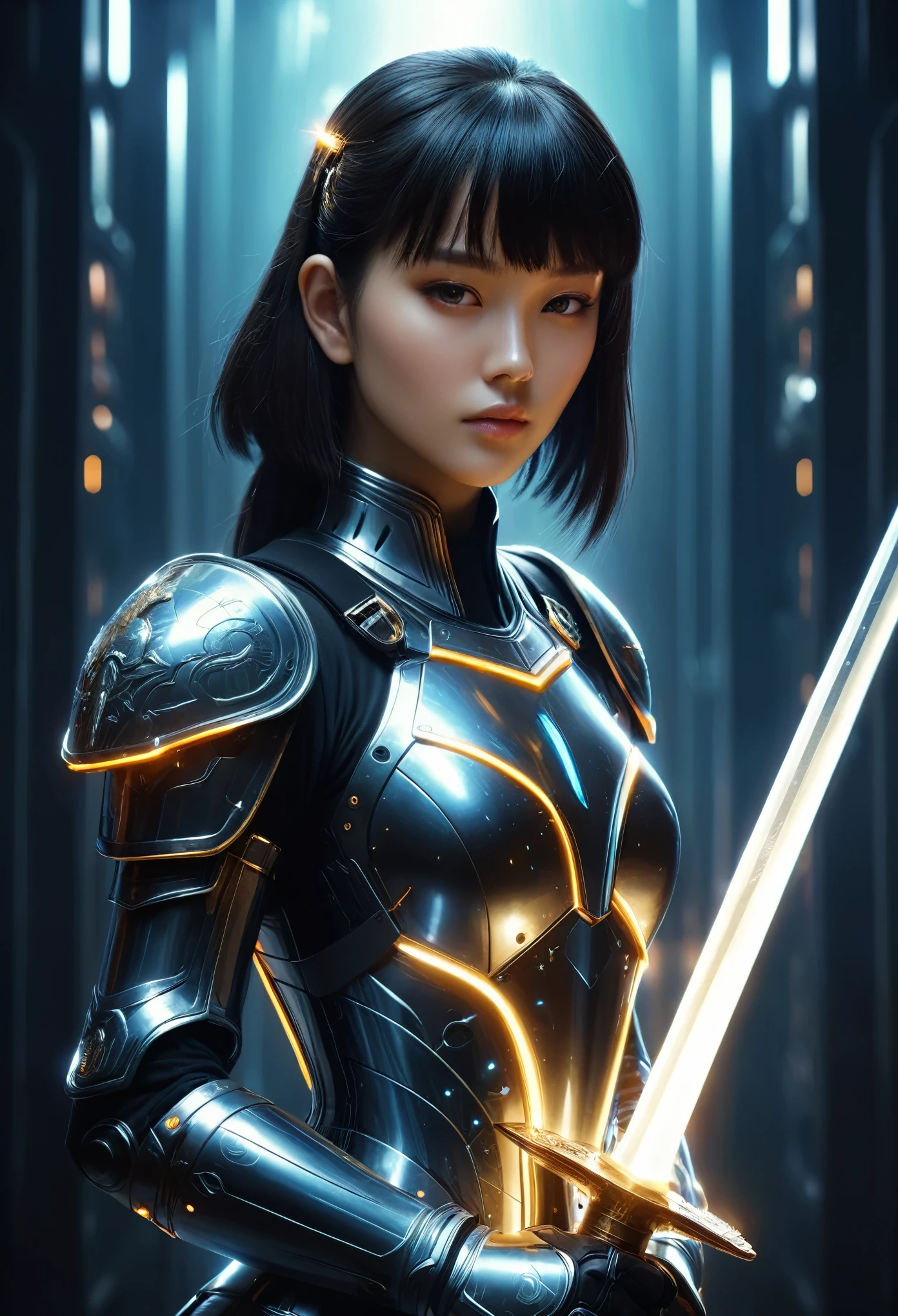 A woman in futuristic clothing holding a futuristic sword, Trending on cgstation, Trending on cgstation, (Portrait of a girl in the Knights of the Zodiac:1.4), blunt bangs, Cute Cyborg Girl, Perfect android girl, Portrait Astronaut Girl, Beautiful girl cyborg, Girl wearing black mechanical cyber armor, Game CG, cgsociety と fenghua zhong, Beautiful Cyborg Shrine Maiden, Bioluminescence