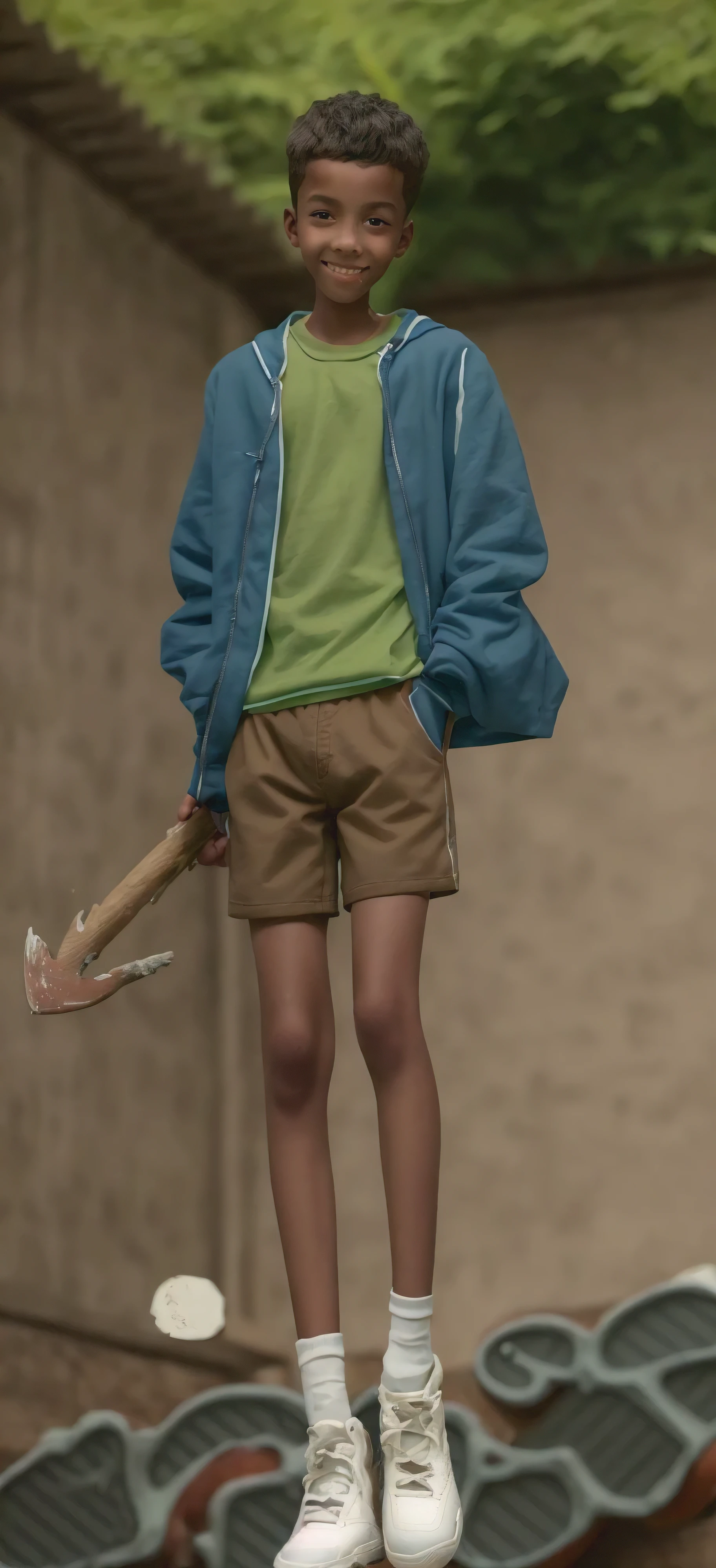 boy,Light brown skin,Blue sports shorts,Bright green top,High-top board shoes,Big round eyes,Very short hair,Tall and skinny,full-body shot,A junior high schooent holding an axe,Smile,Bloodthirsty Murder,best quality,HD Wallpapers