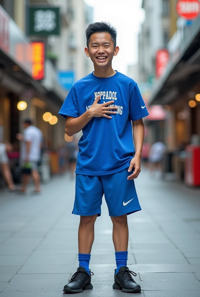 Japanese men,Age 27,Blue short-sleeved shirt with Gun Noppadol Aphichatiskunpong written on it,Blue shorts,Black Nike shoes,black socks,Making a gesture of pain in the heart,Thumbs up,Smiling mouth on one side,Short undercut,small eyes,Ears spread out,No pierced ears,Light black lips