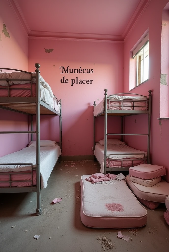 (photorealism:1.2) Large pink room with 2 pink double bunk beds and many mattresses on the floor, simple and poor looking, the words "Muñecas de placer" written on the wall, realistic, intricate details
