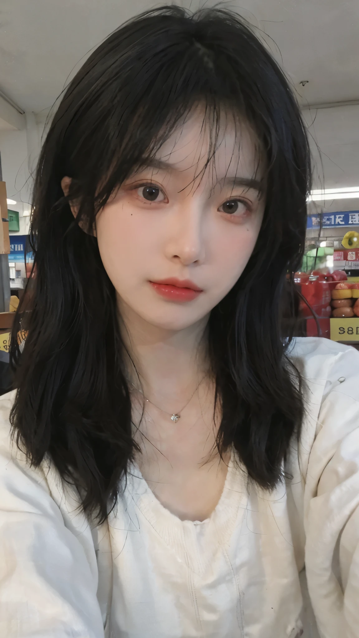 Best quality,Ultra-high resolution,(Realism:1.4),Cute hairpins,girll,Cropped black sweater,Look directly at the audience,Full of atmosphere,Beautiful woman with a slim figure:1.4,supermarket,whole body,Super delicate face,Exquisite eyes,Double eyelids,necklace