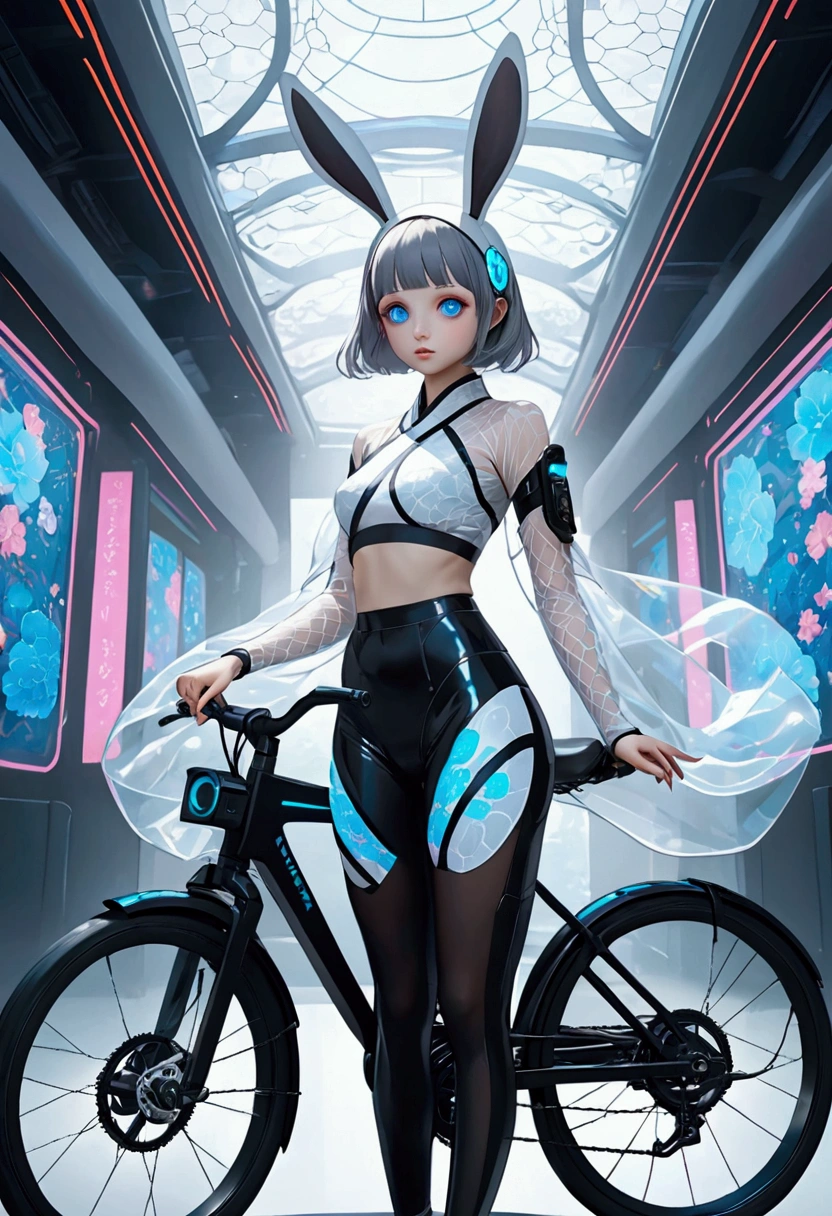 best quality, Extremely detailed, Surreal, (1 girl riding a bicycle), full-body shot, White Webbed Bunny Ears, Cyberpunk Kimono Top, translucent, Low-rise black leggings, Designed for flexibility,Surface reflects light softly, In a Futuristic Design Showroom, Futuristic Decor, High-tech accessories, Fusion of advanced technology and nature, Bold and Minimalist Design, /// /// Gray short hair, Bright blue eyes, The face is well defined，cute, big eyes, Highlight her fair and bright skin, Calm expression, Cybernetic enhancement, Striking elegance, Upward Medium and Lively Bust, and rounded medium hips, Exuding the beauty of sculpture,
