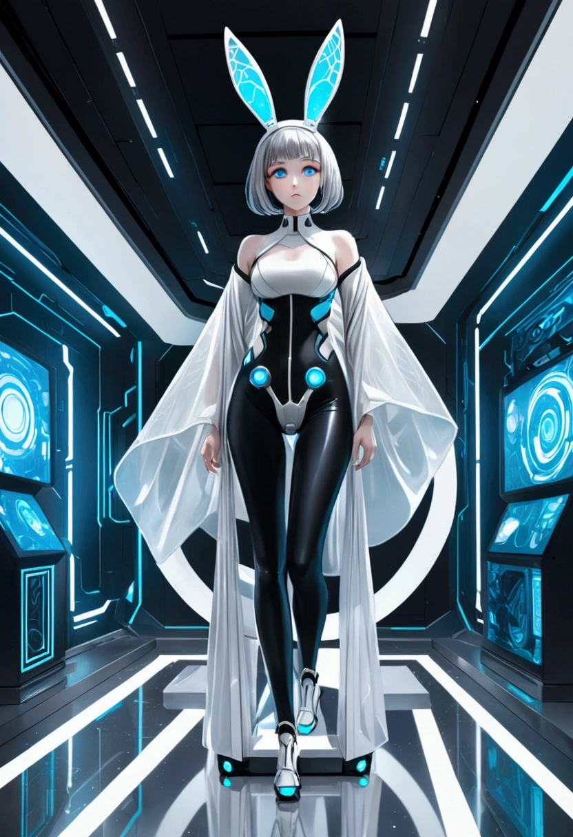 best quality, Extremely detailed, Surreal, (1 girl riding a bicycle), full-body shot, White Webbed Bunny Ears, Cyberpunk Kimono Top, translucent, Low-rise black leggings, Designed for flexibility,Surface reflects light softly, In a Futuristic Design Showroom, Futuristic Decor, High-tech accessories, Fusion of advanced technology and nature, Bold and Minimalist Design, /// /// Gray short hair, Bright blue eyes, The face is well defined,cute, big eyes, Highlight her fair and bright skin, Calm expression, Cybernetic enhancement, Striking elegance, Upward Medium and Lively Bust, and rounded medium hips, Exuding the beauty of sculpture,