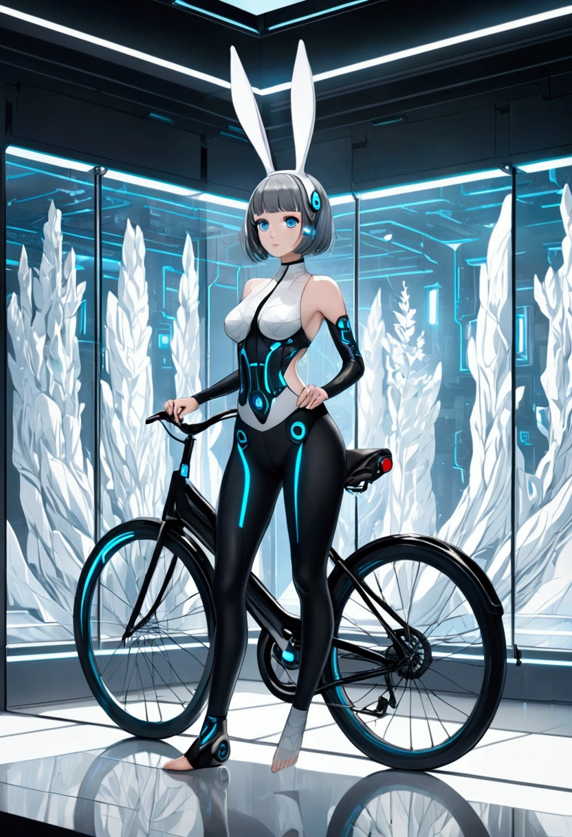 best quality, Extremely detailed, Surreal, (1 girl riding a bicycle), full-body shot, White Webbed Bunny Ears, Cyberpunk Kimono Top, translucent, Low-rise black leggings, Designed for flexibility,Surface reflects light softly, In a Futuristic Design Showroom, Futuristic Decor, High-tech accessories, Fusion of advanced technology and nature, Bold and Minimalist Design, /// /// Gray short hair, Bright blue eyes, The face is well defined,cute, big eyes, Highlight her fair and bright skin, Calm expression, Cybernetic enhancement, Striking elegance, Upward Medium and Lively Bust, and rounded medium hips, Exuding the beauty of sculpture,