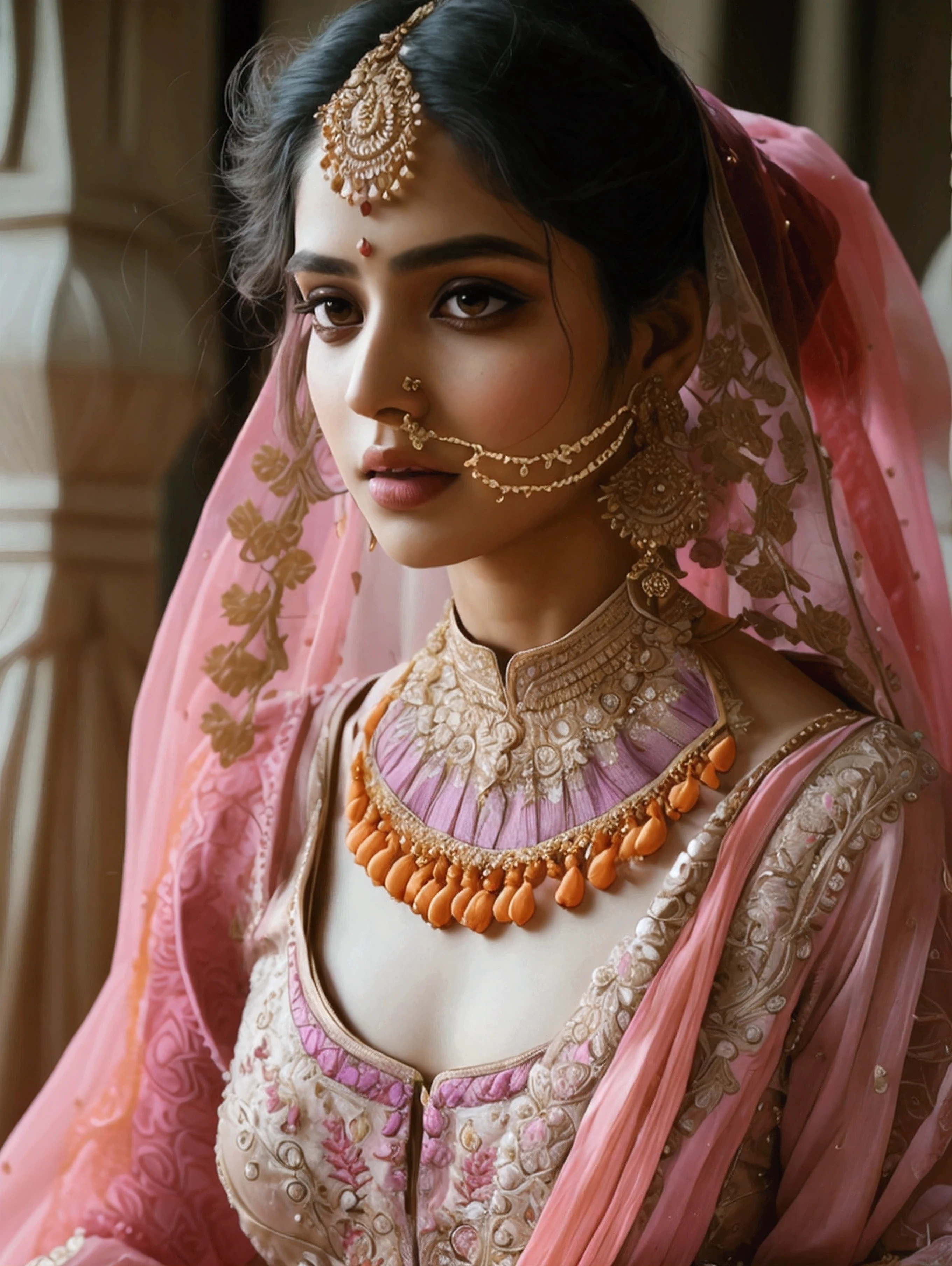 Full human bride adorned in a hand-embroidered bridal lehenga featuring an ombre effect transitioning from pink, through purple to orange, complemented by a meticulously designed blouse and intricately folded dupatta, with deliberate uneven placements of khaki embroidery, portrait-style, capturing the ethnic textures and vibrant hues, golden hour lighting, highly detailed, ultra-realistic.