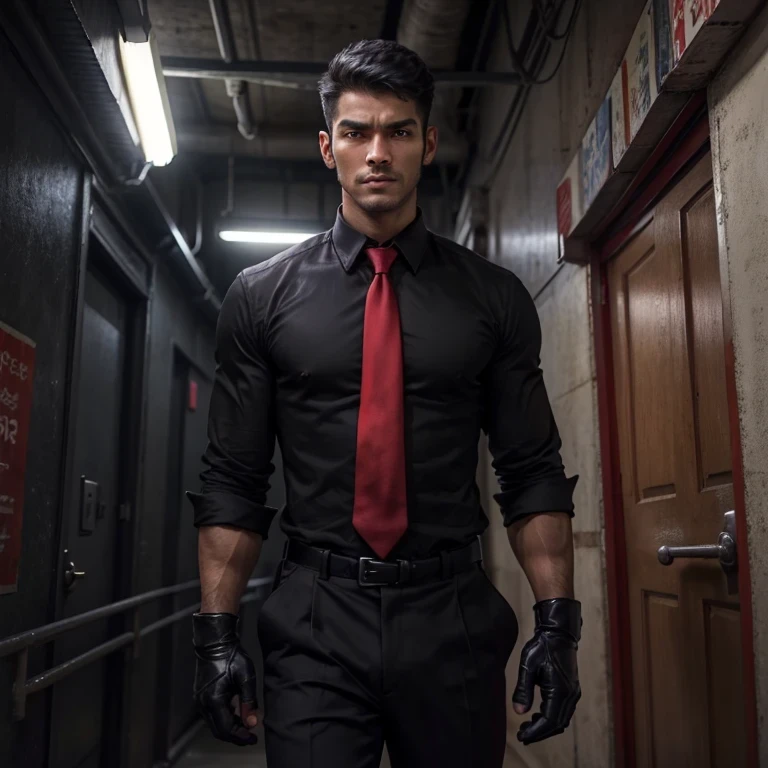 A man in a black shirt and a red tie is walking down the hallway., Menacing look, movie body shots, in a Menacing pose, Menacing pose, All-black cyberpunk outfit, As a Tekken character, Inspired by Adam Dalio Kiel, cinematic outfit photo, cinematic full body shot, black shirt with red suspenders, In a strict suit, Dressed in a strict suit