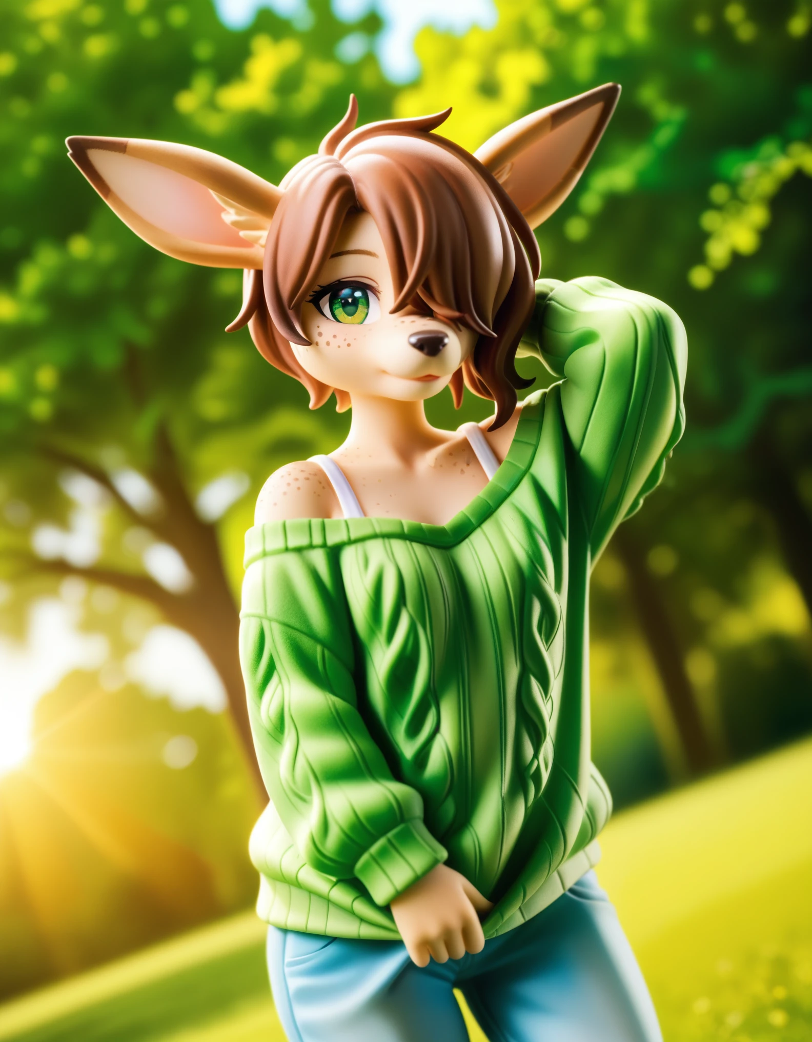 Solo, 1girl, female, adult, lotte, deer girl, furry female, body fur, animal nose, snout, animal ears, green eyes, brown hair, short hair, freckles, cute face, perfect anatomy, detailed skin, detailed eyes, perfect hands, perfect face, small breast, hair over one eye, BREAK sweater, long sleeves, off-shoulder shirt, pants, BREAK outdoors, park, colorful, sunset, looking at viewer, dutch angle, BREAK ((ultra-detailed)), ((best quality)), ((best quality)), ((beautiful eyes)), ((extremely detailed)), 4K, (8K), best quality, (beautiful), Master piece, highres, score_9, score_8_up, score_7_up, colorful, best quality, official art, highres, masterpiece, nai3, god light, detailed background, high quality background, very aesthetic, absurdres, 