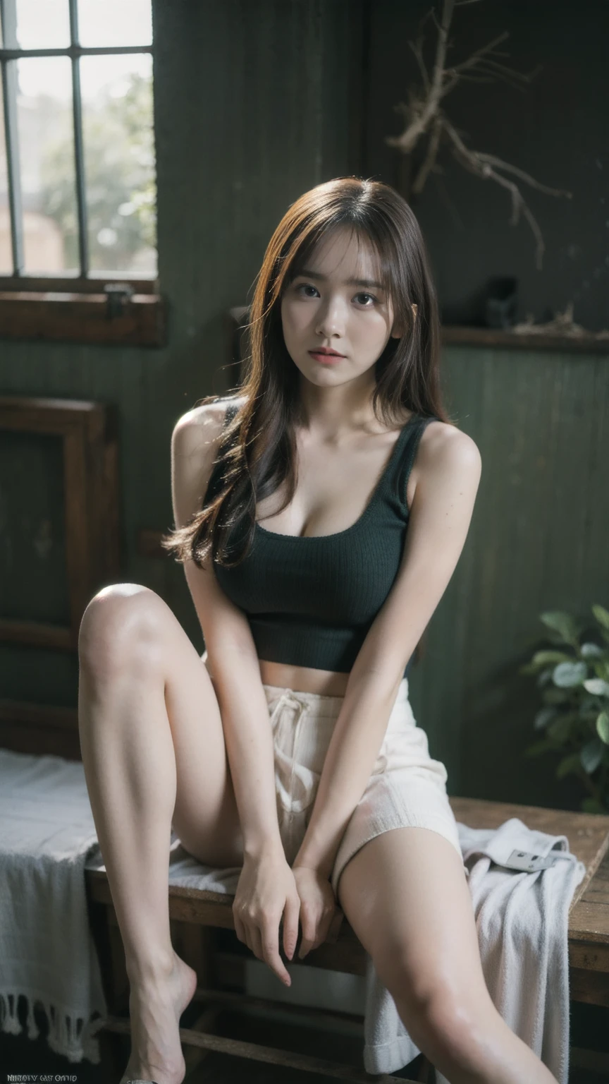 ((1girl)), woman, masterpiece, best quality, highest quality, cinematic lighting, (volumetric lighting), extremely detailed CG unity 8k wallpaper, focused, 8k wallpaper, extremely detailed, ultra realistic, photorealistic, sharp focus, absurdres, (HDR:1.2), (high contrast), photograph, detailed and intricate, instagram, portrait, highly detailed, digital painting, artstation, concept art, smooth, sharp focus, illustration, cinematic lighting, (big breast:1.3), (((skinny, slim legs))), (japanese idol posture), (knit strap tanktop, mini skirt, open shoulder, open chest, cleavage), looking at the viewer, ((Medium body shot, hip level shot)), long hair, ((leaning on a green wall)), beautiful eyes.