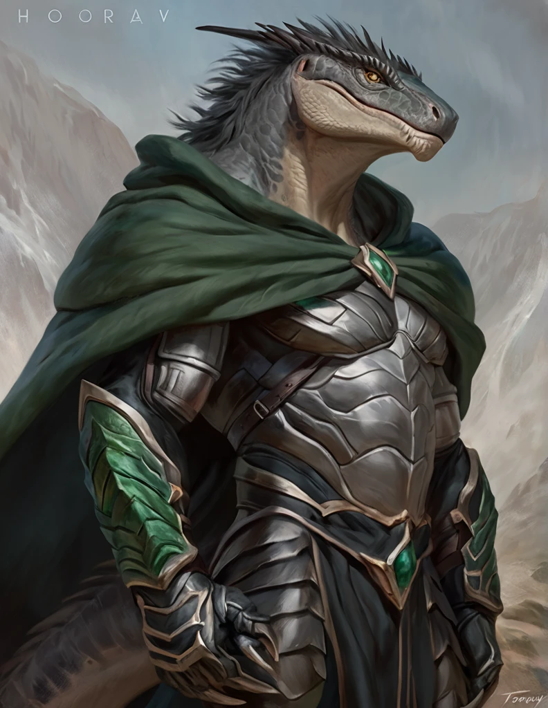 a ferocious male lizardfolk druid, muscular detailed body, gray color body, yellow eyes, masculine pose, primal, magic bodysuit, armor on abdominals, green and black long cloak, comicbook style, best quality, 4k, ultra-detailed, realistic, by laobai, by taran fiddler, by honovy