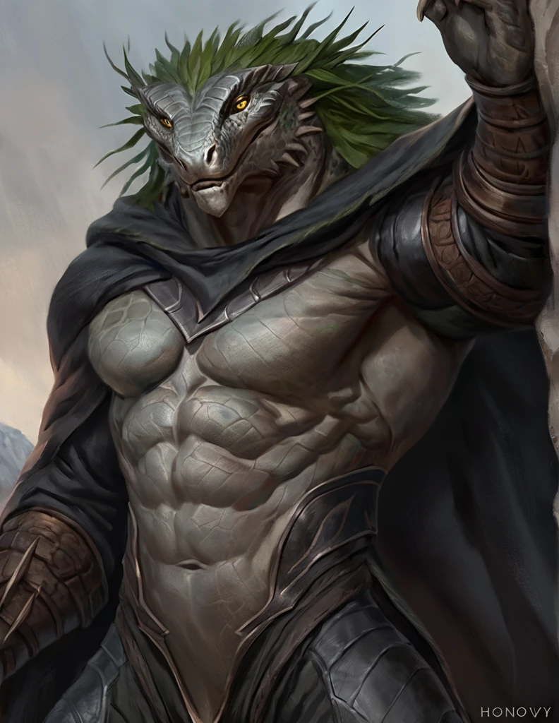 a ferocious male lizardfolk druid, muscular detailed body, gray color body, yellow eyes, masculine pose, primal, magic bodysuit, armor on abdominals, green and black long cloak, comicbook style, best quality, 4k, ultra-detailed, realistic, by laobai, by taran fiddler, by honovy