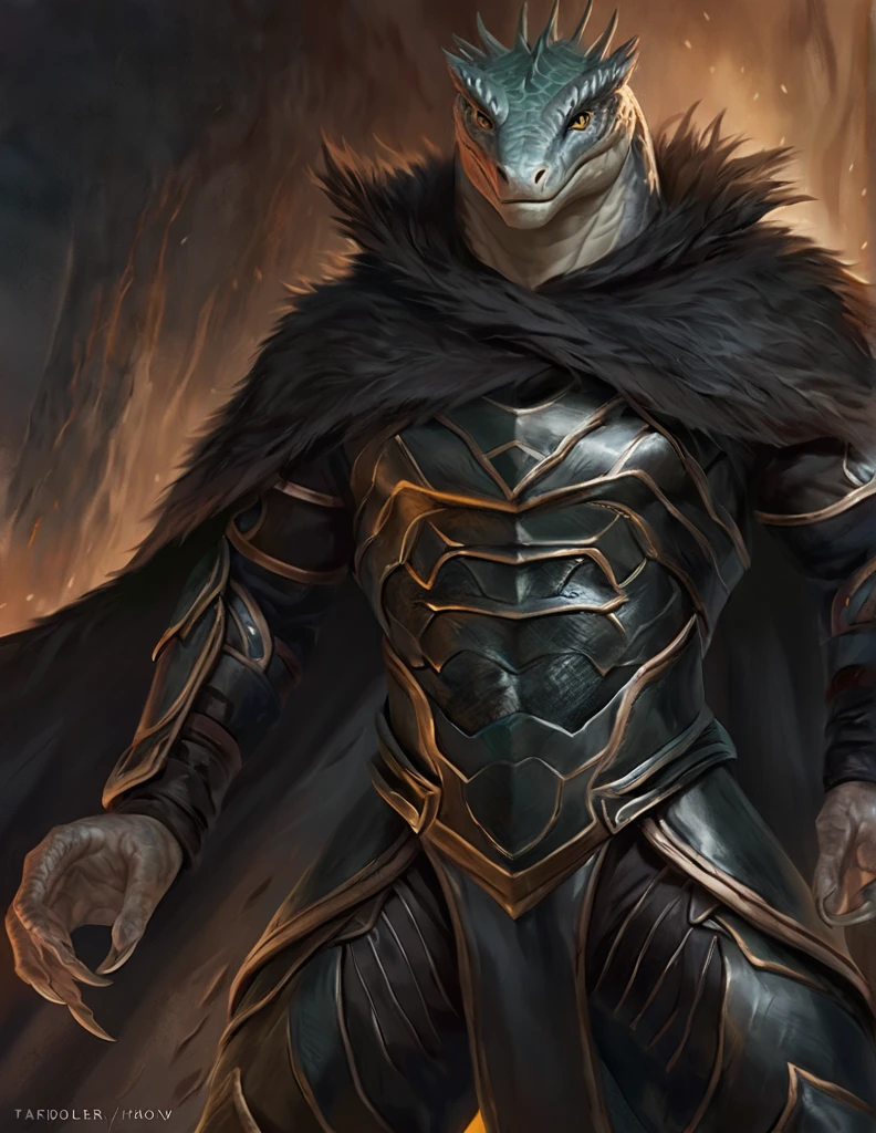 a ferocious male lizardfolk druid, muscular detailed body, gray color body, yellow eyes, masculine pose, primal, magic bodysuit, armor on abdominals, green and black long cloak, comicbook style, best quality, 4k, ultra-detailed, realistic, by laobai, by taran fiddler, by honovy