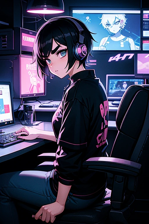 4 cartoon-style cards, cyberpunk, short hair, thick eyebrows, Digital punk, anime in 4k style, Short-sleeved playwear, black hair, computer room, Overhead Gaming Headset