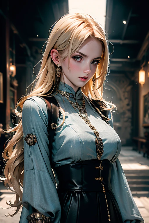 blonde, Dressed in dieselpunk style, ModelShooting style, (extremely detailed CG 8k wallpaper block), Photos of the most beautiful art in the world, majestic professional (photo by Steve McCurry), 8k contract, SLR camera, soft lighting, high quality, granularity, Fujifilm XT3 Sharp Focus, the same 5.6, high detail, Sharp Focus, dramatic, (wear dieselpunk style clothes), (I look at the viewer:1.2),  (natural light), (seductive)