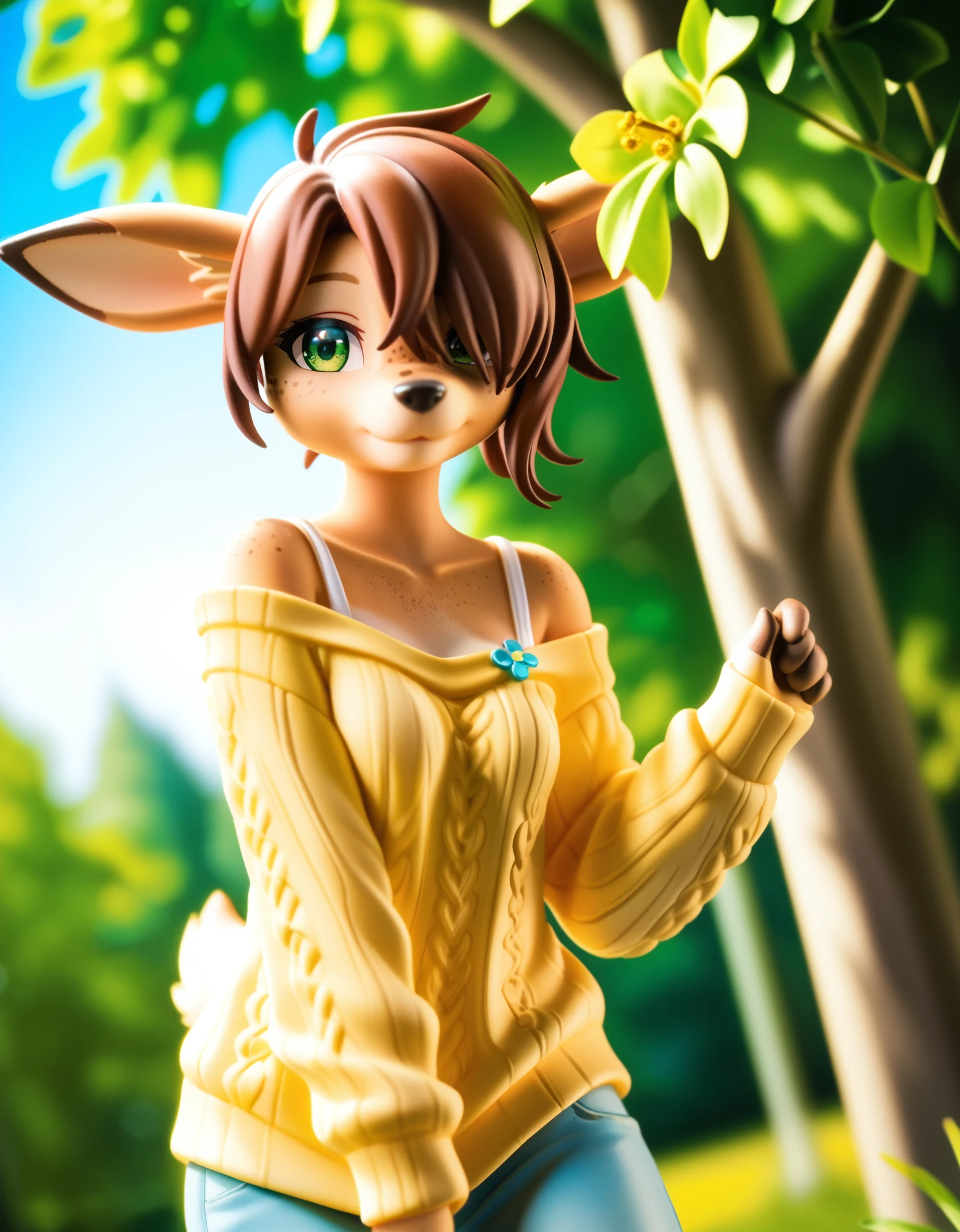 Solo, 1girl, female, adult, lotte, deer girl, furry female, body fur, animal nose, snout, animal ears, green eyes, brown hair, short hair, freckles, cute face, perfect anatomy, detailed skin, detailed eyes, perfect hands, perfect face, small breast, hair over one eye, BREAK sweater, long sleeves, off-shoulder shirt, pants, BREAK outdoors, park, colorful, sunset, looking at viewer, dutch angle, BREAK ((ultra-detailed)), ((best quality)), ((best quality)), ((beautiful eyes)), ((extremely detailed)), 4K, (8K), best quality, (beautiful), Master piece, highres, score_9, score_8_up, score_7_up, colorful, best quality, official art, highres, masterpiece, nai3, god light, detailed background, high quality background, very aesthetic, absurdres, 