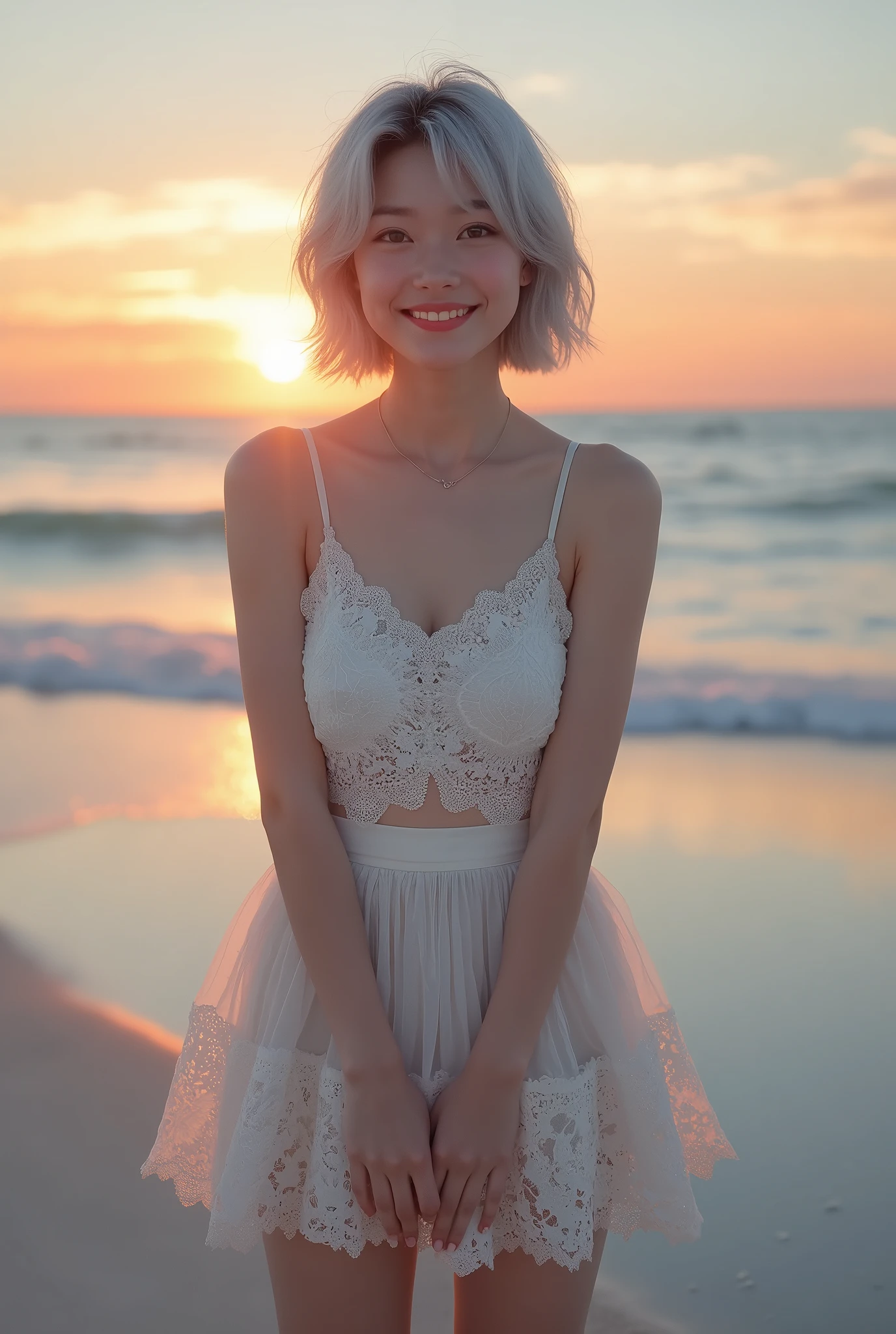 (8k, Photorealistic, Raw photo, Highest quality: 1.4),Japanese idol-style beautiful girl,1 person,18-year-old,(Short Bob),(Silver Hair :1.1),She has her hair tucked behind her ears,Clear grey eyes,Long eyelashes,(piercings(small)),(Lip gloss),lips(Plump,glossy),thin long neck,(camisole),(flare skirt(Layered lace)),tights(Mesh),barefoot,(Sleeveless jacket((Lace embroidery),(Mesh))Layered),On the beach at dusk,White sand beach,With the setting sun on the horizon as a backdrop,Date with boyfriend,Smiling at the camera,One-shot portrait