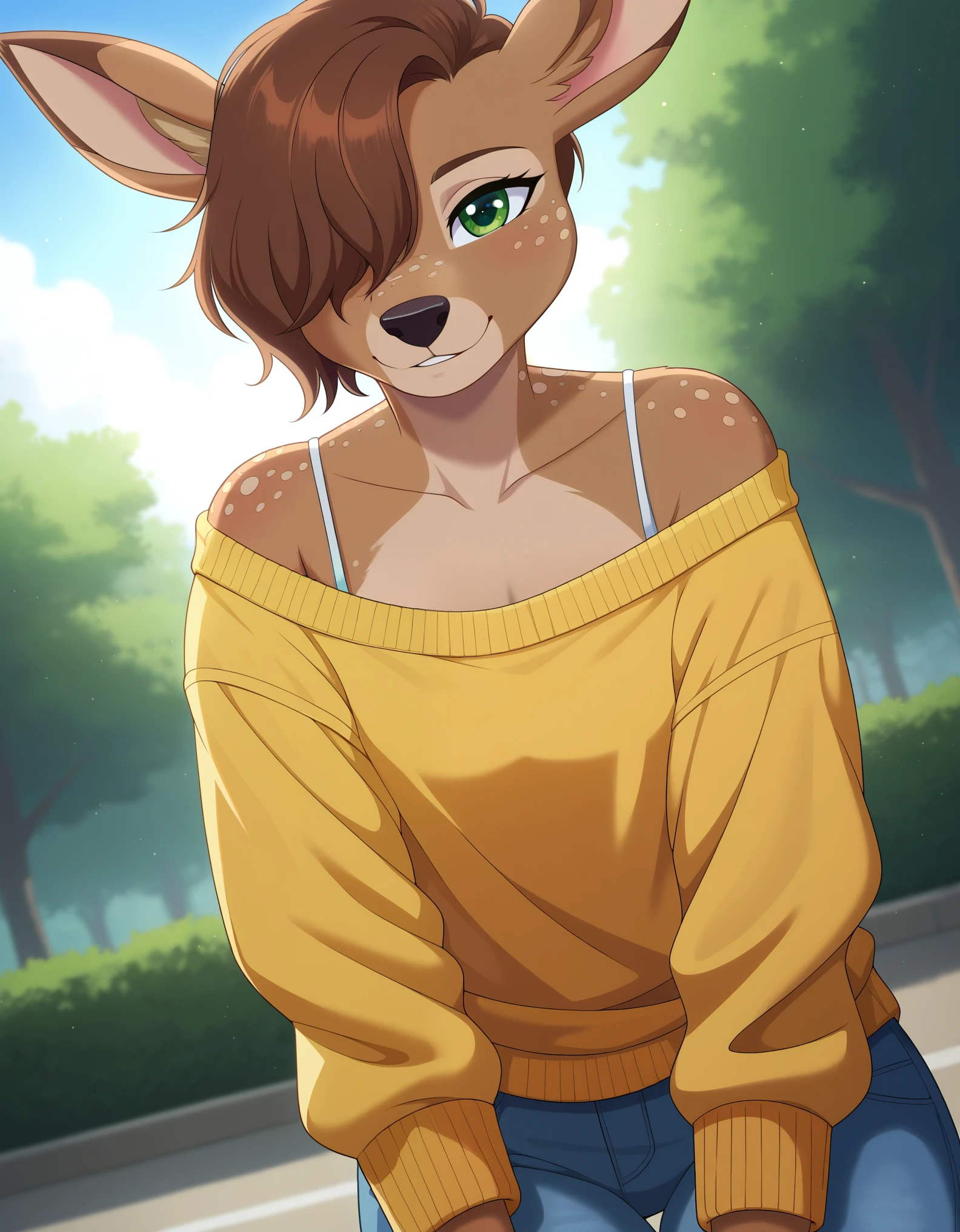 Solo, 1girl, female, adult, lotte, deer girl, furry female, body fur, animal nose, snout, animal ears, green eyes, brown hair, short hair, freckles, cute face, perfect anatomy, detailed skin, detailed eyes, perfect hands, perfect face, small breast, hair over one eye, BREAK sweater, long sleeves, off-shoulder shirt, pants, BREAK outdoors, park, colorful, sunset, looking at viewer, dutch angle, BREAK ((ultra-detailed)), ((best quality)), ((best quality)), ((beautiful eyes)), ((extremely detailed)), 4K, (8K), best quality, (beautiful), Master piece, highres, score_9, score_8_up, score_7_up, colorful, best quality, official art, highres, masterpiece, nai3, god light, detailed background, high quality background, very aesthetic, absurdres, 