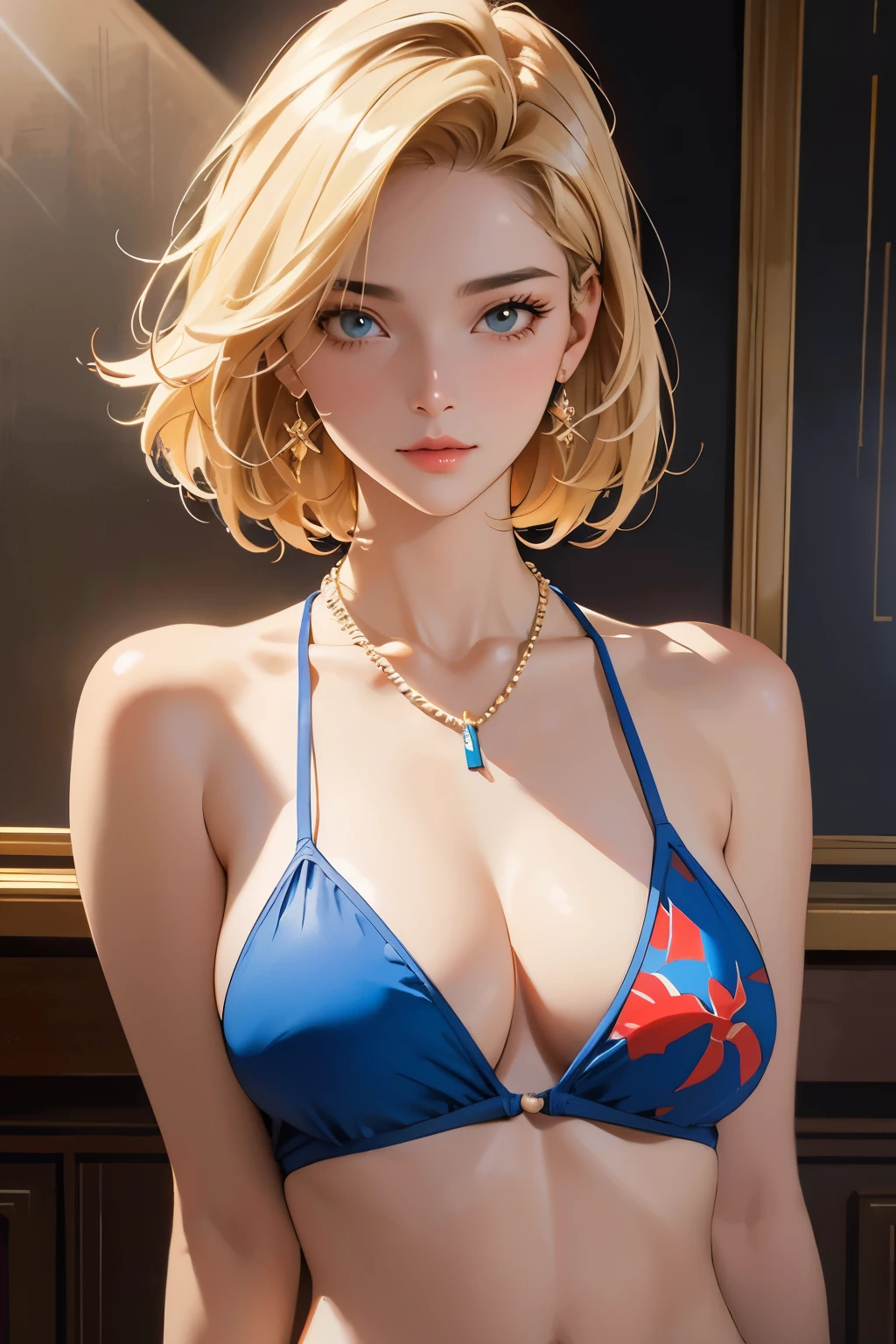 Classical painting, Are standing, Swimwear,Portraiture,bikini,necklace,Earrings,bracelet, alone,Beautiful Face、A vivid face、33 years old、Sex appeal of adult women,Blonde、Short Bob、Beautiful hairstyle、 Realistic Skin、Beautiful Skin、Narrow shoulders,charm、 Upper Body,detailed,Realistic,Realistic、Dark Background,Cyberpunk 2077,Haman Khan,Backlight、Soft Light、Swimwear(Sergeant's Oil Painting)、(Highest quality、masterpiece)、Anatomically correct,