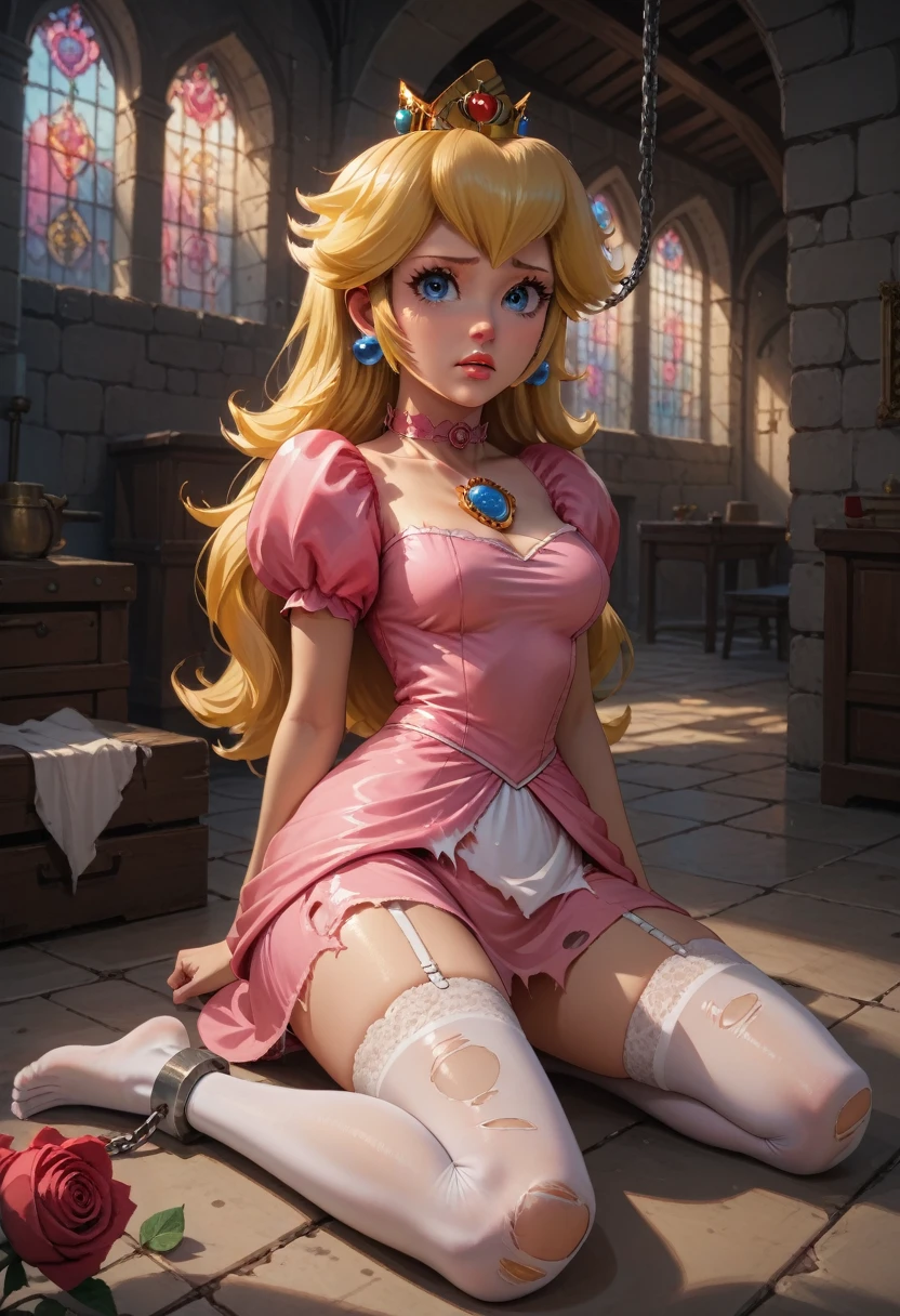 princess peach, yellow hair, corona, sad, pink dress, torn dress, hincada, chained by the feet, chained by the hands, shackle around his neck, in a dungeon, inside a castle, sexy white panty, white thigh high stockings, garter belt in each stocking, hold the rose, hands on the floor, sideways. 