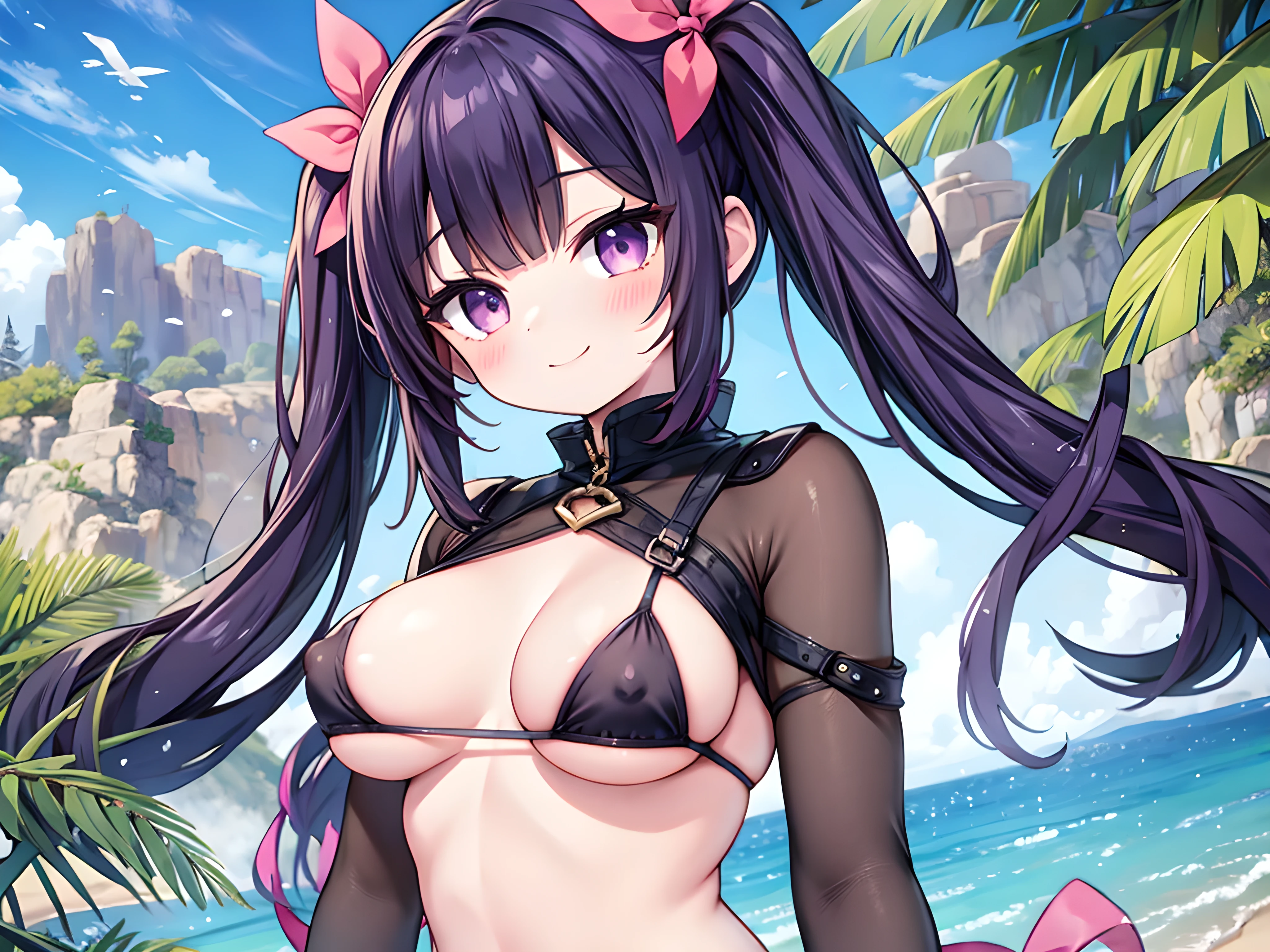 score 9, score 8 up, score 7 up,source_anime,masterpiece,beautiful eyes,textile shading, custics,extremely detailed CG, shiny skin
1girl,,cute,(:1.2), twintails, long twintails, (eyeliner,eye shadow:1.2),solo,large breasts, purple eyes, pink lipstick,streaked hair,pink and black hair
,cute,slender,
black and pink bikini,frilled bikini, micro bikini, smile, beach,(erect nipples:1.2)