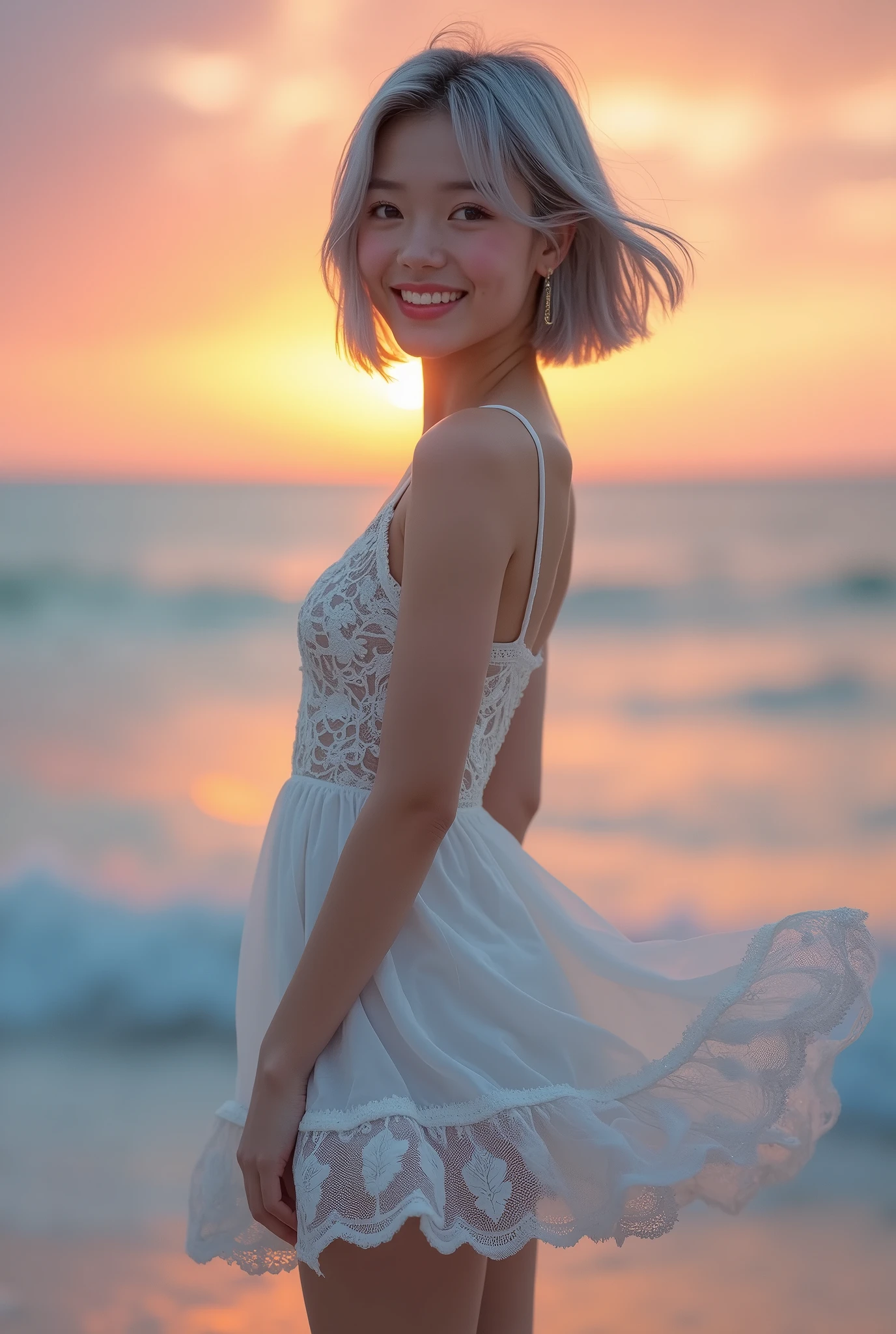 (8k, Photorealistic, Raw photo, Highest quality: 1.4),Japanese idol-style beautiful girl,1 person,18-year-old,(Short Bob),(Silver Hair :1.1),She has her hair tucked behind her ears,Clear grey eyes,Long eyelashes,(piercings(small)),(Lip gloss),lips(Plump,glossy),thin long neck,(camisole),(flare skirt(Layered lace)),tights(Mesh),barefoot,(Sleeveless jacket((Lace embroidery),(Mesh))Layered),On the beach at dusk,White sand beach,With the setting sun on the horizon as a backdrop,Date with boyfriend,Smiling at the camera,One-shot portrait