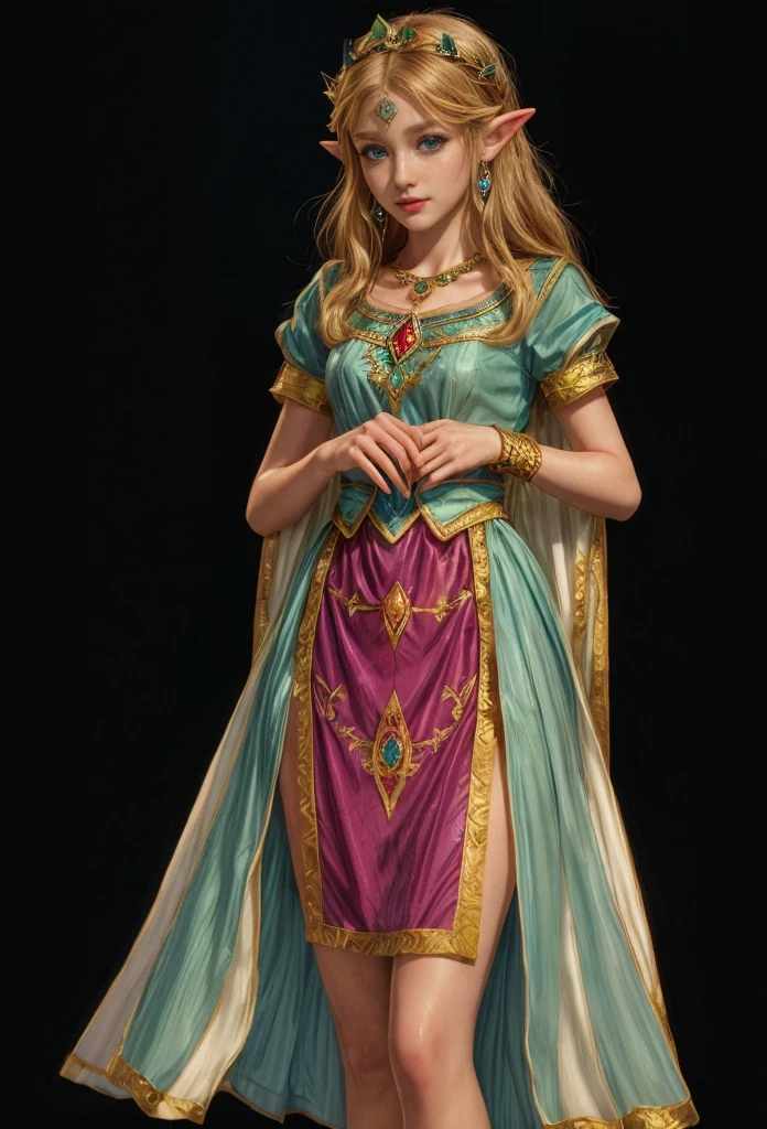 Princes Zelda, blue eyes, (best qualityer, ultra detail), (realisitic:1.37), beautiful and detailed face, ultra-realisitic texture, Exquisite face, Delicate body, red lipgloss stick, shiny colors. High definition, 8k,