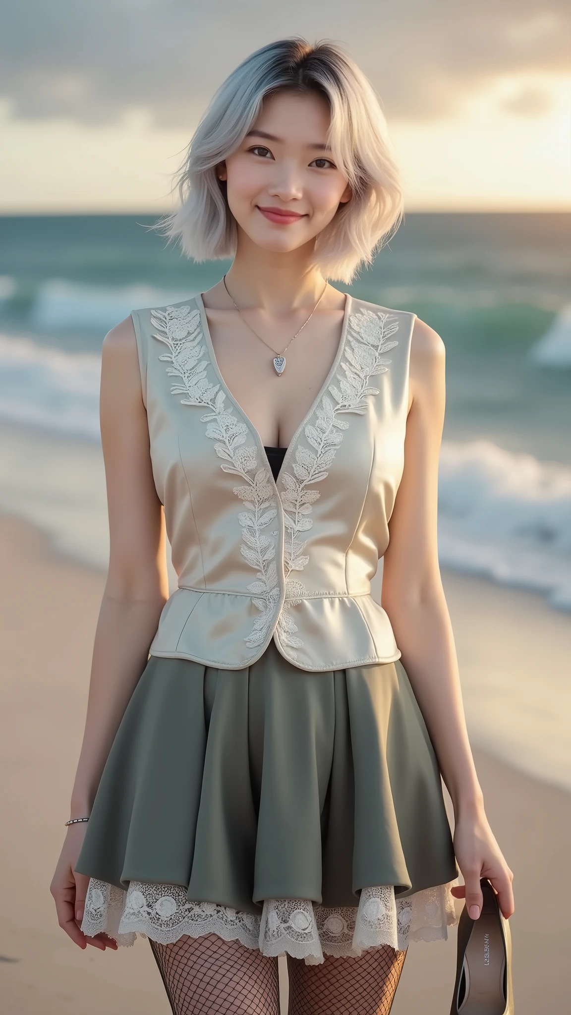 (8k, Photorealistic, Raw photo, Highest quality: 1.4),Japanese idol-style beautiful girl,1 person,18-year-old,(Short Bob),(Silver Hair :1.2),She has her hair tucked behind her ears,My hair is blowing in the strong wind,Clear grey eyes,Long eyelashes,(piercings(small)),(Lip gloss),lips(Plump,glossy),thin long neck,(camisole(Black)),(flare skirt(Layered lace,Black)),tights(Mesh),barefoot,(Sleeveless jacket((Lace embroidery),(Mesh))Layered),Holding pumps in both hands,On the beach at dusk,White sand beach,With the setting sun on the horizon as a backdrop,Date with boyfriend,Smiling at the camera,Knee-shot snap