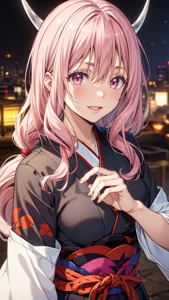 red and white kimono,long hair,pink hair,pink eyes,horns,smile,masterpiece,Noise Reduction,perfect anatomy,high resolution, ultra-detailed, ultra-detailed face,game cg,dutch angle ,beautiful detailed eyes,visualart,five fingers, perfect hands, perfect lighting, sparkling pupils,