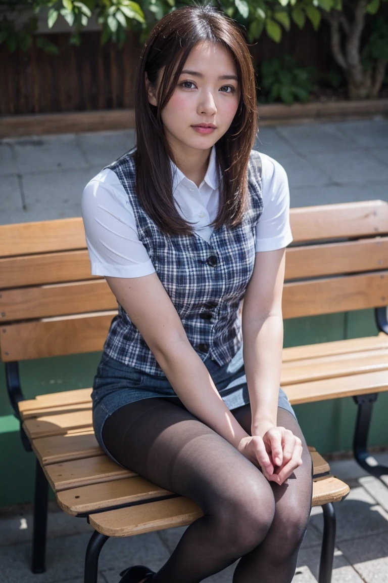 Urzan-6500-v1.1, (RAW Photos:1.2), (Realistic), (Genuine:1.4), １、Perfect Anatomy、42 years old、Looking into the camera、Medium Long Hair、Plaid vest、((Sit on a bench:1.3))、(Ultra-realistic pantyhose:1.2), (High heels)、(Business services)、Cowboy Shot
