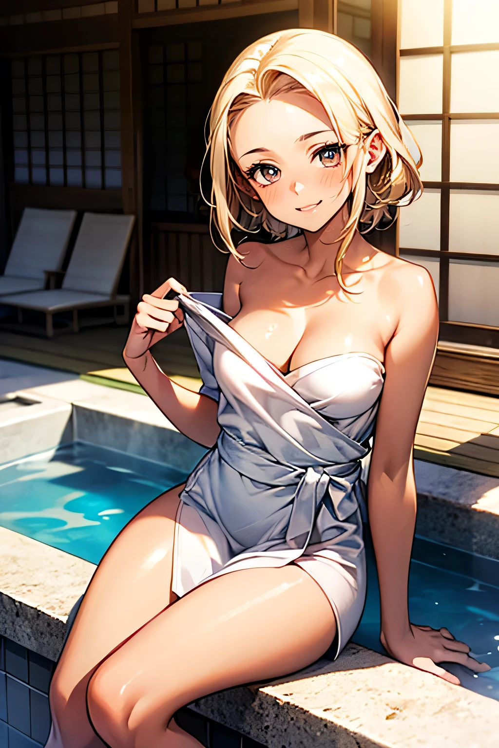 Highest quality，Perfect Anatomy.                             Sitting，One Woman,20-year-old，Super beauty，Blonde，Small Head，Forehead，Provocative smile，((Brown Skin:1.4))，Cleavage，She is wearing a white bath towel.,The sunlight shining on her.                                           The background is a hot spring in Japan，sunny，Daytime.