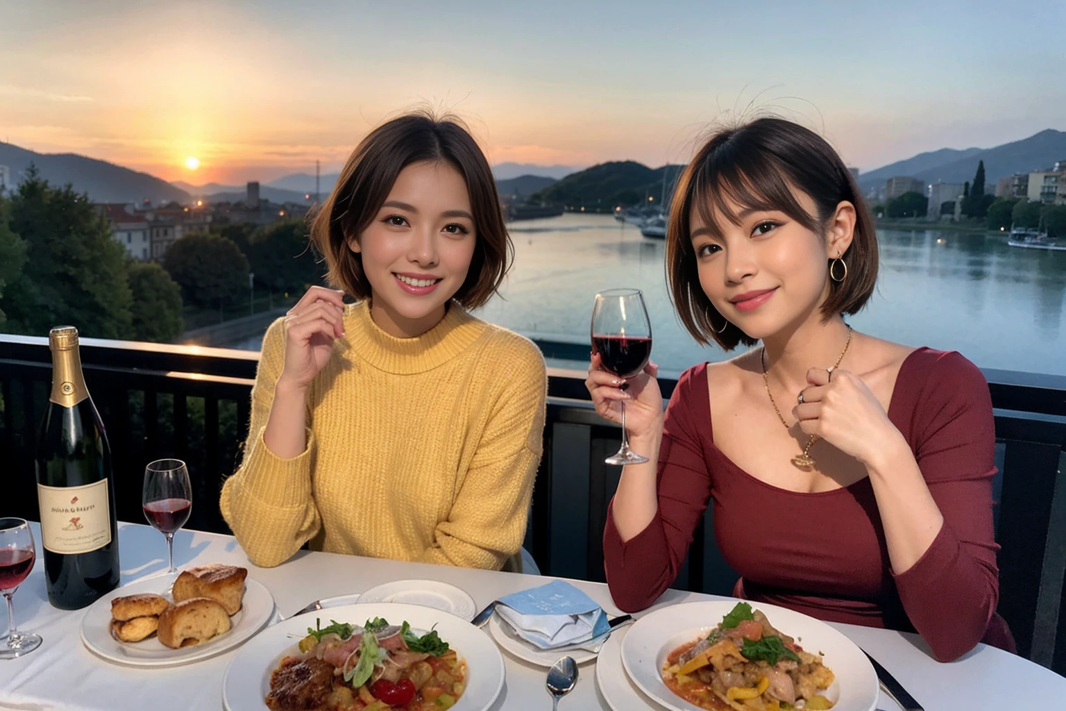 (Realistic:1.1),(masterpiece,Highest quality),8k,(49 years old), 53 years old, ベリーslimボディ、slimカップル、Tight waist,Upper Body,full-course dinner、wine 、Amazing view of the sunset sky and clouds、Perfect Anatomy, Brown Hair, short hair,Random Hairstyles,((Highly detailed face and eyes:1.2)),Perfect golden ratio face,Long sleeve shirt、dress,(smile:1.2)、Shortcuts、cute、(Realistic, Intricate details:1.2), A bright smile、short hair,Bright Face、赤wine 、Appetizers、Italian food、wine bottle、Champagne、スパークリングwine、(slimな顔), (The body is slim), (Brown Hair), (Shortcuts), Upper Body, 白wine, slim, wineグラス,