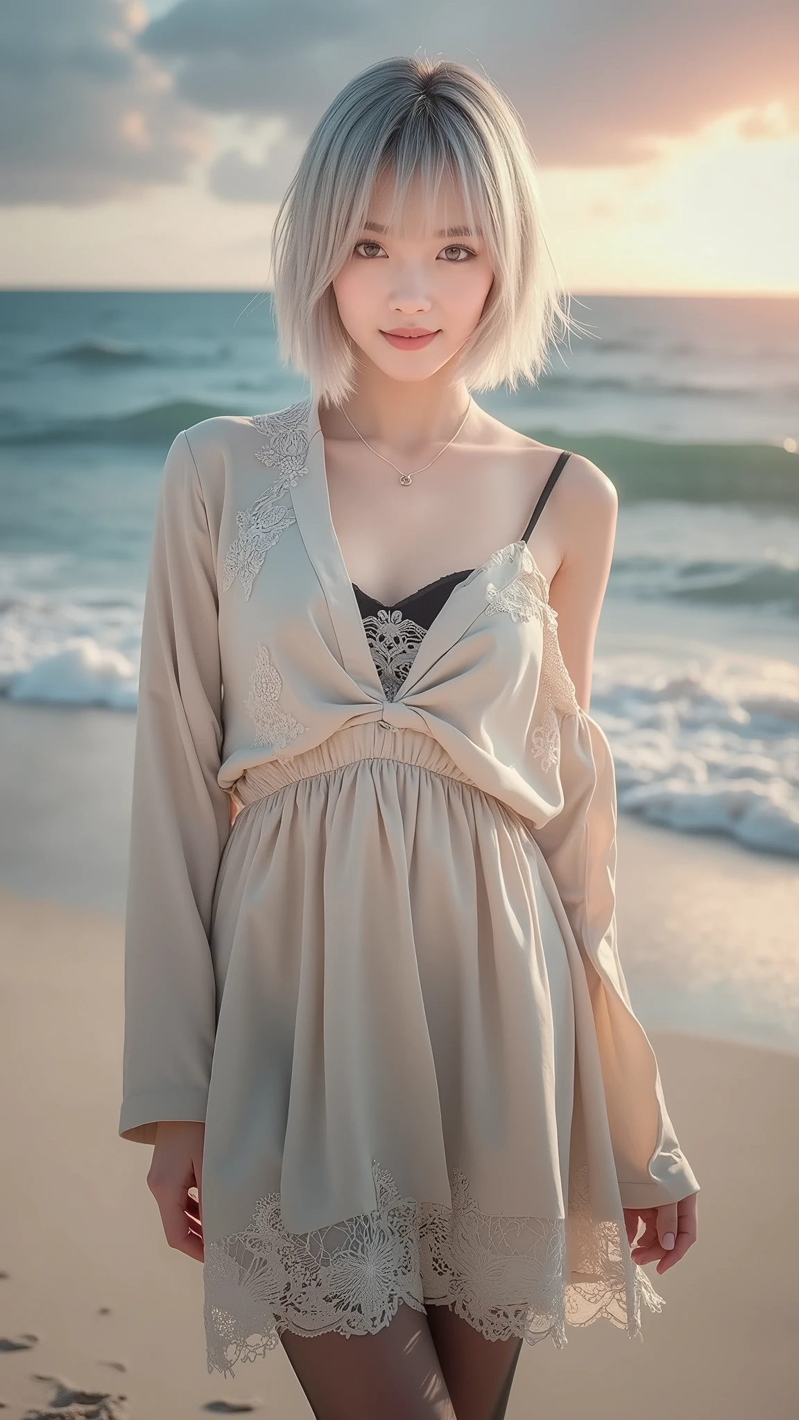 (8k, Photorealistic, Raw photo, Highest quality: 1.4),Japanese idol-style beautiful girl,1 person,18-year-old,(Short Bob),(Silver Hair :1.2),She has her hair tucked behind her ears,My hair is blowing in the strong wind,Clear grey eyes,Long eyelashes,(piercings(small)),(Lip gloss),lips(Plump,glossy),thin long neck,(camisole(Black)),(flare skirt(Layered lace,Black)),tights(Mesh),barefoot,(Sleeveless jacket((Lace embroidery),(Mesh))Layered),Holding pumps in both hands,On the beach at dusk,White sand beach,With the setting sun on the horizon as a backdrop,Date with boyfriend,Smiling at the camera,Knee-shot snap