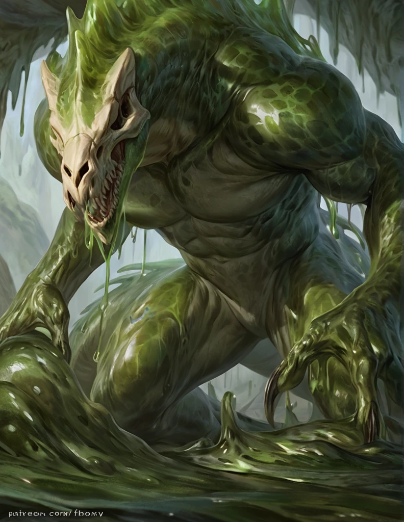 Anthro green slime monster, shape of a lizardman, transparent slime body with lizardman skull and bones inside, comicbook style, best quality, 4k, ultra-detailed, realistic, by laobai, by taran fiddler, by honovy