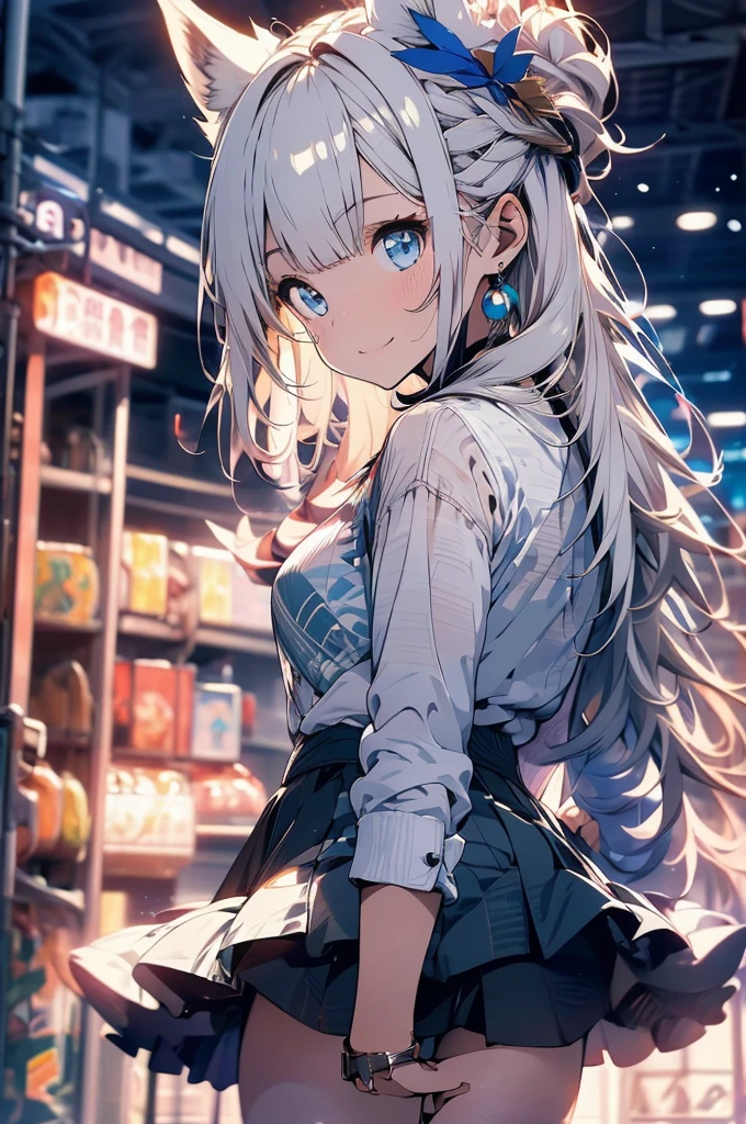 masterpiece, best quality, ultra detailed, insanely detailed, hyper detailed, woman, smiling, walking, looking at viewer, brown eyes, jitome, detailed face, light brown skin, tall, slender, sweater, shorts, ager, japanese, outside, on the street, with shooting stars, in the evening, with rain, cel anime, sharpen, blue, ahoge, semi long, white hair, blue eyes, green background, medium shot, intense wide shot, glad, with fox ears, mole