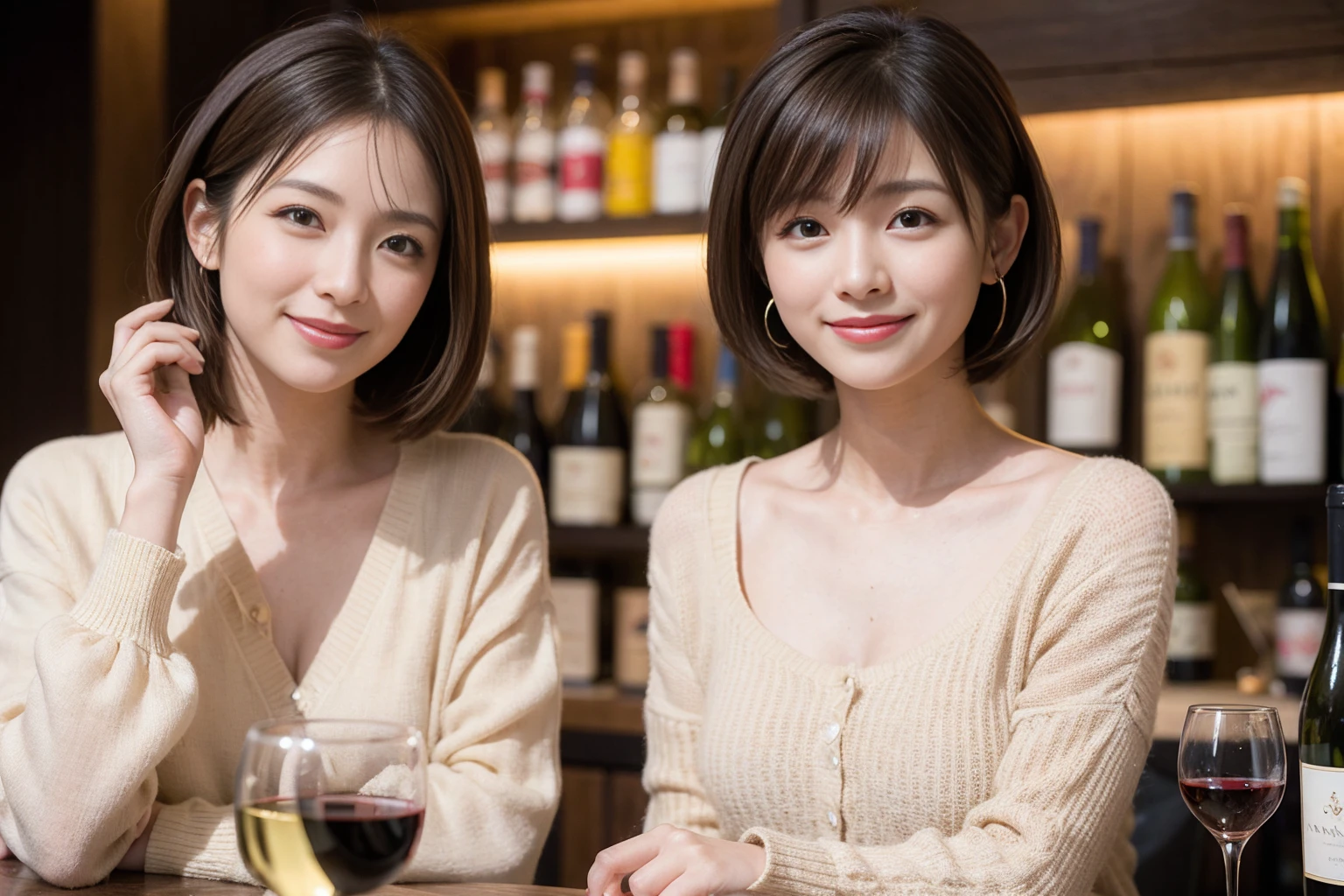 （Realistic:1.1）,(masterpiece,Highest quality)，8k,(49 years old), 53 years old, ベリーslimボディ、slimカップル、Tight waist,Upper Body,full-course dinner、wine 、Amazing view of the sunset sky and clouds、Perfect Anatomy, Brown Hair, short hair,Random Hairstyles,((Highly detailed face and eyes:1.2))，Perfect golden ratio face，Long sleeve shirt、dress,(smile:1.2)、Shortcuts、cute、(Realistic, Intricate details:1.2), A bright smile、short hair,Bright Face、赤wine 、Appetizers、Italian food、wine bottle、Champagne、スパークリングwine、(slimな顔), (The body is slim), (Brown Hair), (Shortcuts),  Upper Body, 白wine, slim, wineグラス, 