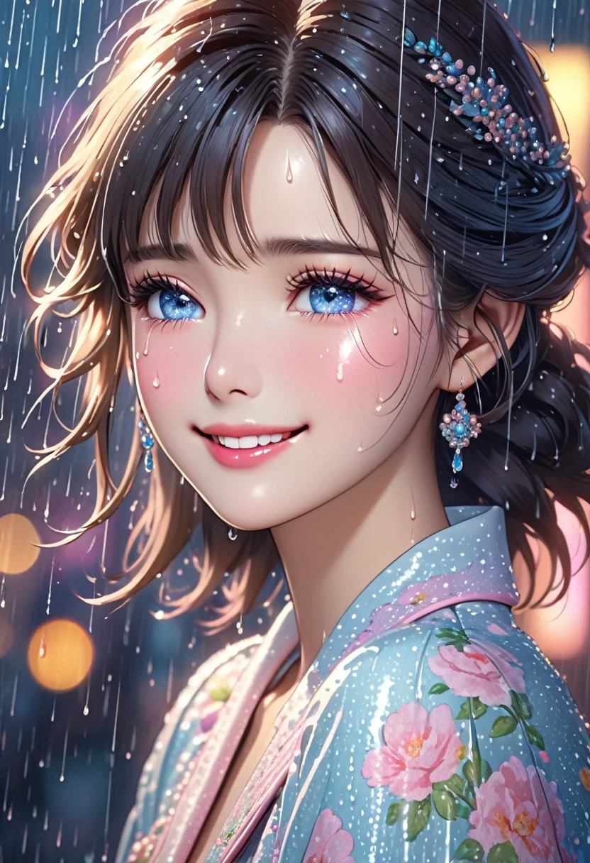 best quality, highres, ultra-detailed, realistic:1.37, vibrant colors, portrait, soft lighting, long eyelashes, sparkling eyes, glossy lips, detailed skin, retro pattern, pastel colors, ((smile while crying1.2)), ((shedding tears:1.8)),, sad look, dreamy atmosphere, elegant pose, nostalgic vibes, glittering highlights, flawless complexion, 80s style fashion, retro hairdo, pink blush, delicate features, diamond-like eyes,((rain squall:2.5)),((Dark city silhouette background:2.0))