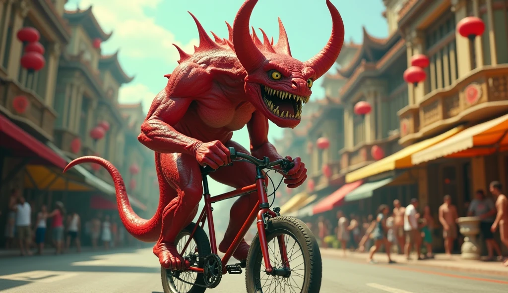 detailed red monster with horns, riding a bicycle, side view, fantasy city setting with buildings and markets in the background, cinematic lighting, photorealistic, 8k, highly detailed, vibrant colors, dramatic shadows