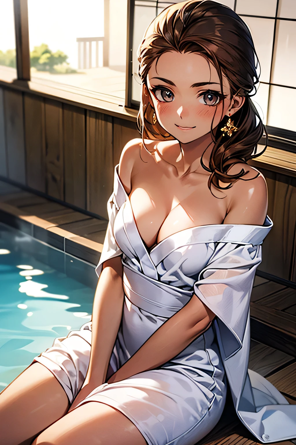 Highest quality,Perfect Anatomy. Sitting,One Woman,20-year-old,Super beauty,Blonde,Small Head,Forehead,Provocative smile,((Brown Skin:1.4)),Cleavage,She is wearing a white bath towel.,The sunlight shining on her. The background is a hot spring in Japan,sunny,Daytime.