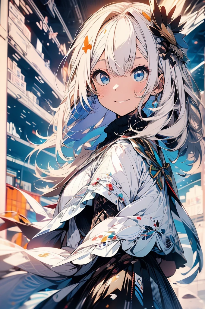 masterpiece, best quality, ultra detailed, insanely detailed, hyper detailed, woman, smiling, walking, looking at viewer, brown eyes, jitome, detailed face, light brown skin, tall, slender, sweater, shorts, teenager, japanese, outside, on the street, with shooting stars, in the evening, with rain, cel anime, sharpen, blue, ahoge, semi long, white hair, blue eyes, green background, medium shot, intense wide shot, glad, with fox ears, mole