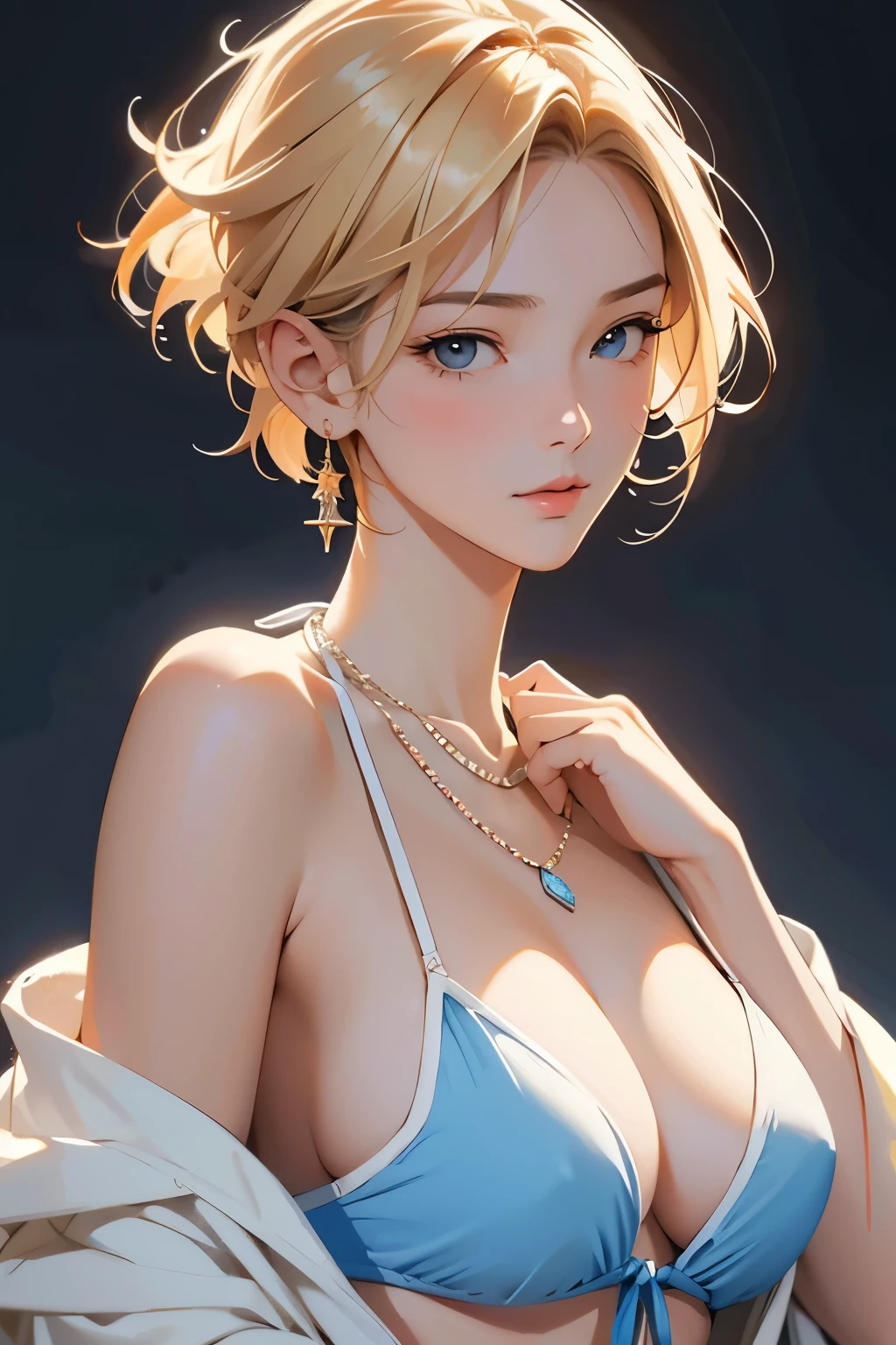 Classical painting, Are standing, Woman in swimwear in a snowy countryside,Portraiture,比基尼,necklace,Earrings,bracelet, alone,Beautiful Face、A vivid face、33 years old、Sex appeal of adult women,bionde、Short Bob、Beautiful hairstyle、 Realistic Skin、Beautiful Skin、Narrow shoulders,charm、 Upper Body,detailed,Realistic,Realistic、Dark Background,Snowfield,Backlight、Soft Light、Swimwear(Sergeant's Oil Painting)、(Highest quality、masterpiece)、Anatomically correct,