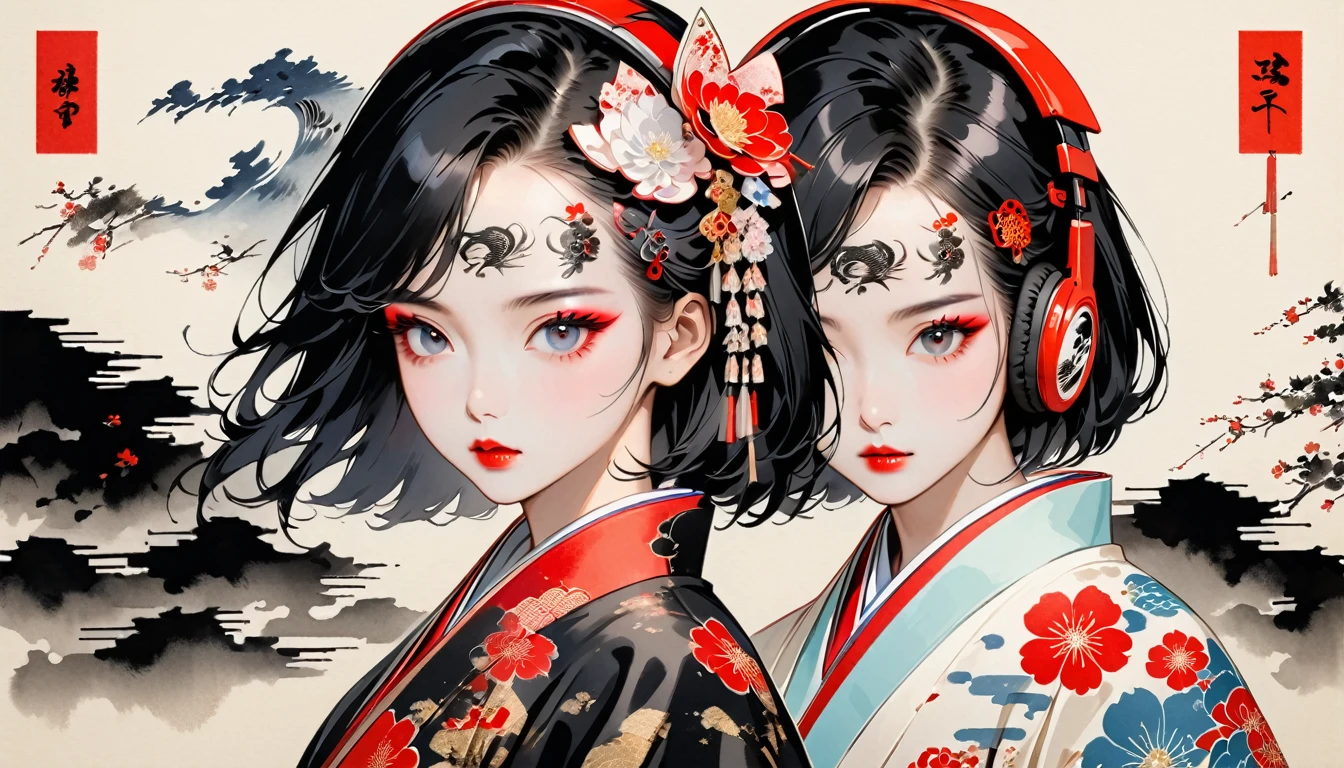 (((Ink Painting))), Fashion portrait color photos, (((twins))), (((Tattoo in the center of the forehead))), (((Very flashy hair accessories))), (((Very flashy makeup))), Japanese style headphones, Bob, front view, Japanese beautiful girl, Black Hair, Delicate and precise, Modern ukiyo-e style,Japan, Japanese flag
