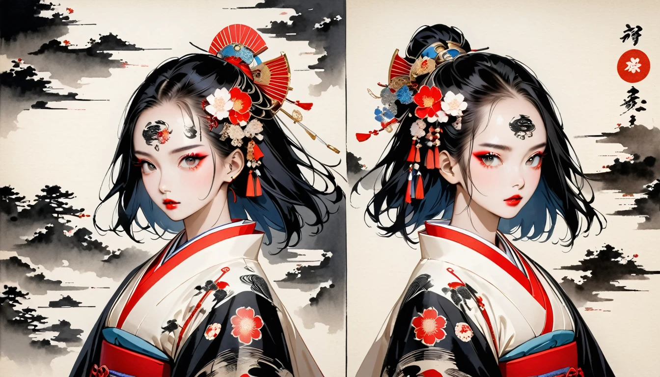 (((Ink Painting))), Fashion portrait color photos, (((twins))), (((Tattoo in the center of the forehead))), (((Very flashy hair accessories))), (((Very flashy makeup))), Japanese style headphones, Bob, front view, Japanese beautiful girl, Black Hair, Delicate and precise, Modern ukiyo-e style,Japan, Japanese flag